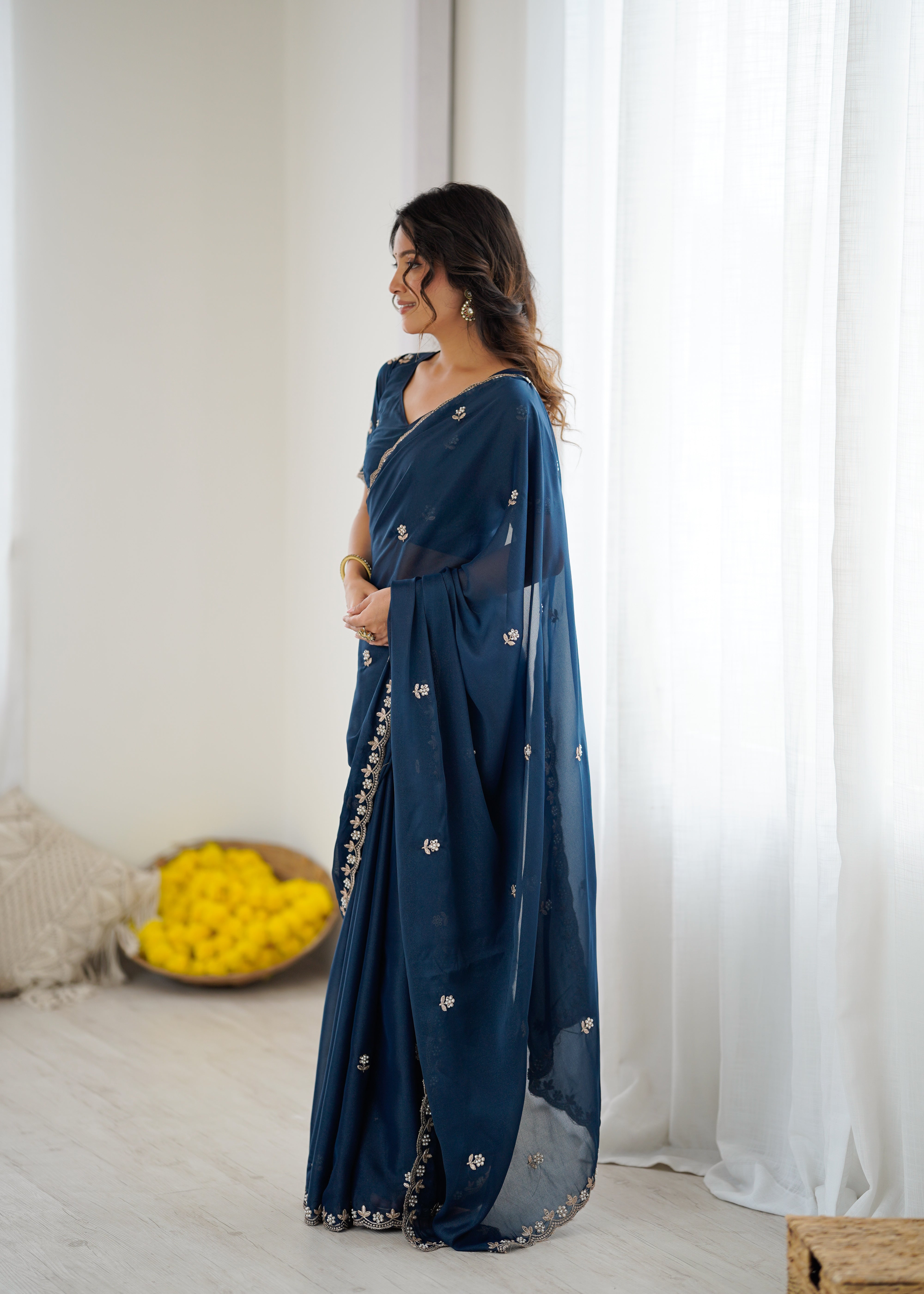 Heavy Star Georgette Silk Saree with Embroidery & Moti Work