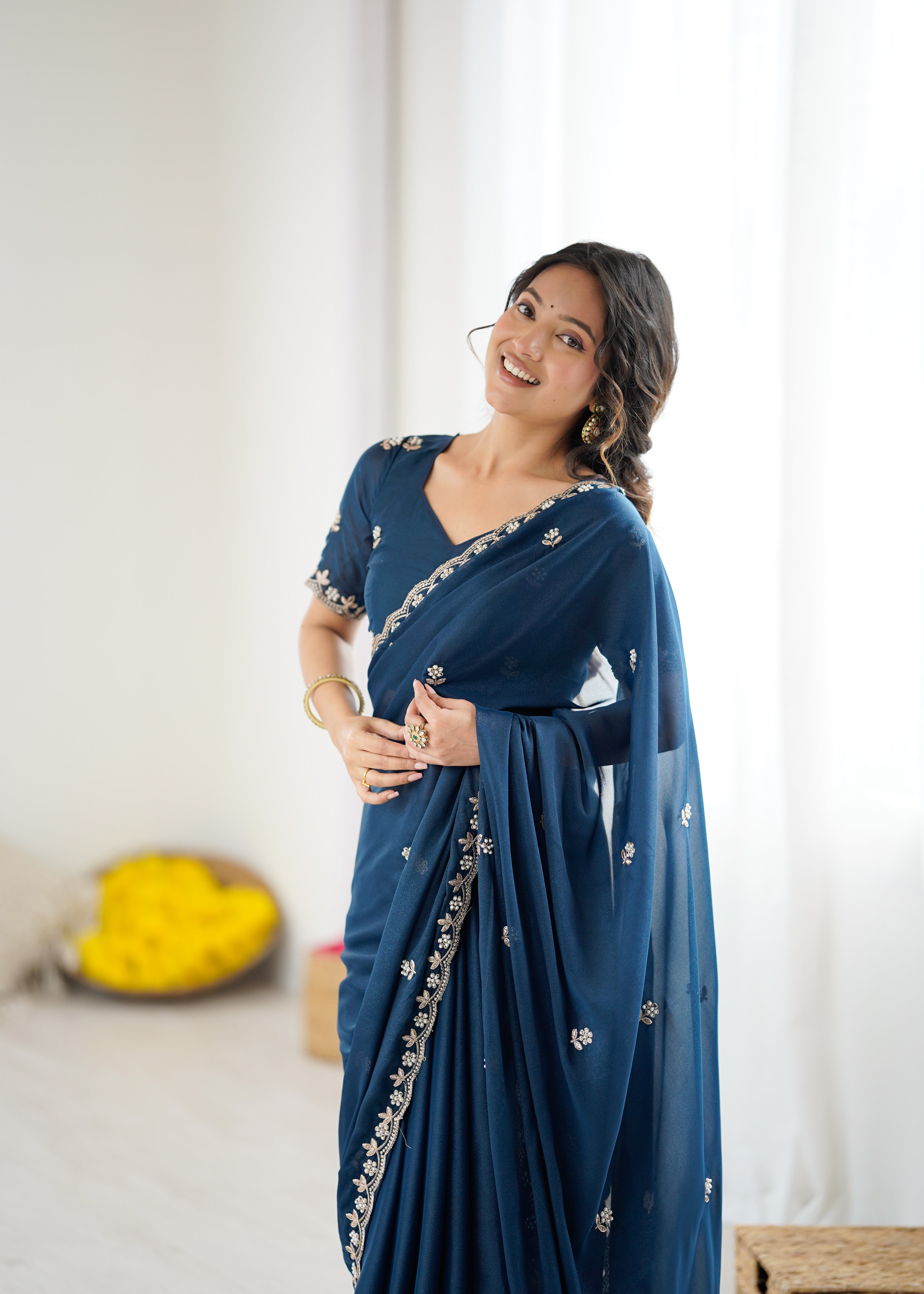 Heavy Star Georgette Silk Saree with Embroidery & Moti Work