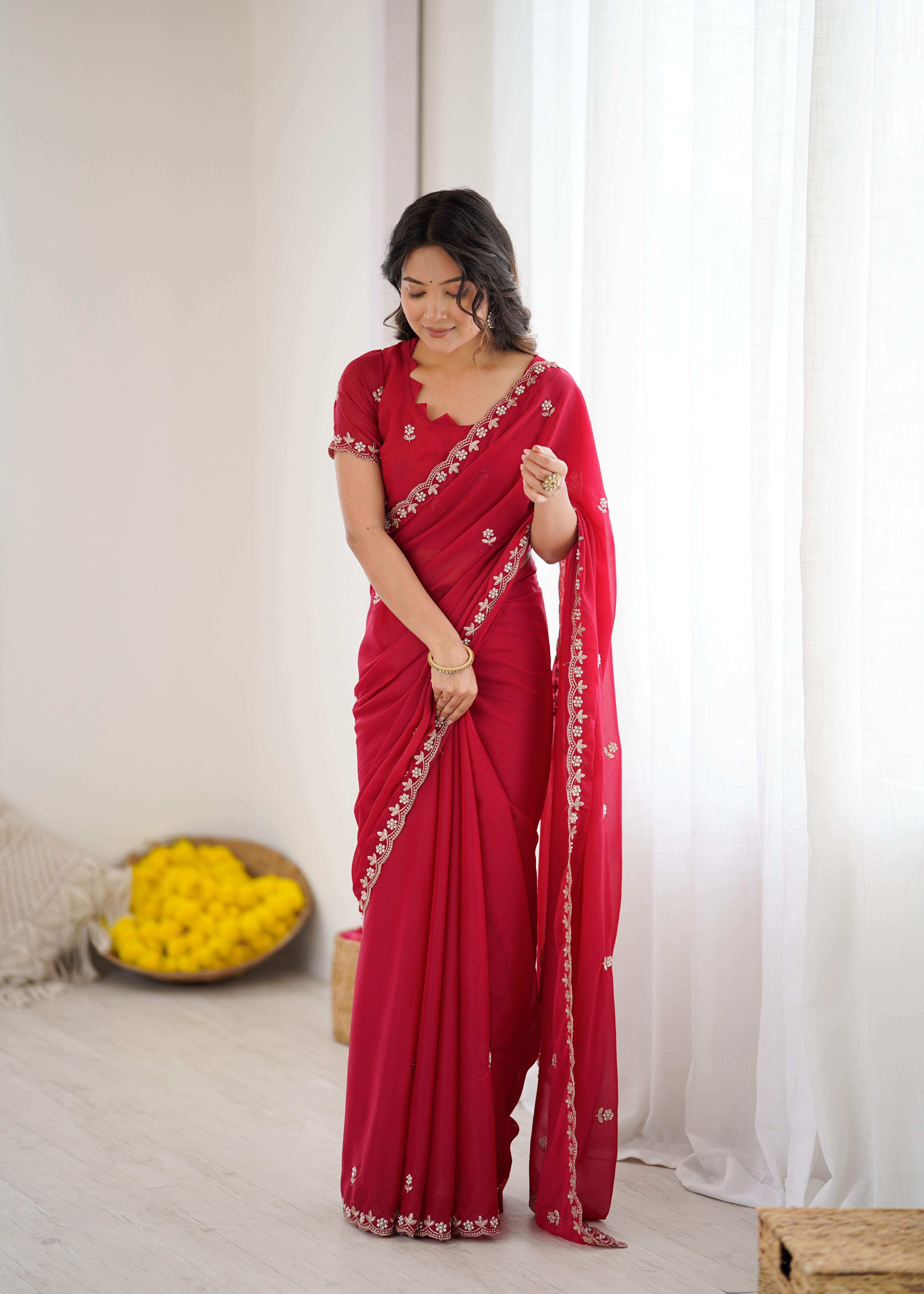 Heavy Star Georgette Silk Saree with Embroidery & Moti Work