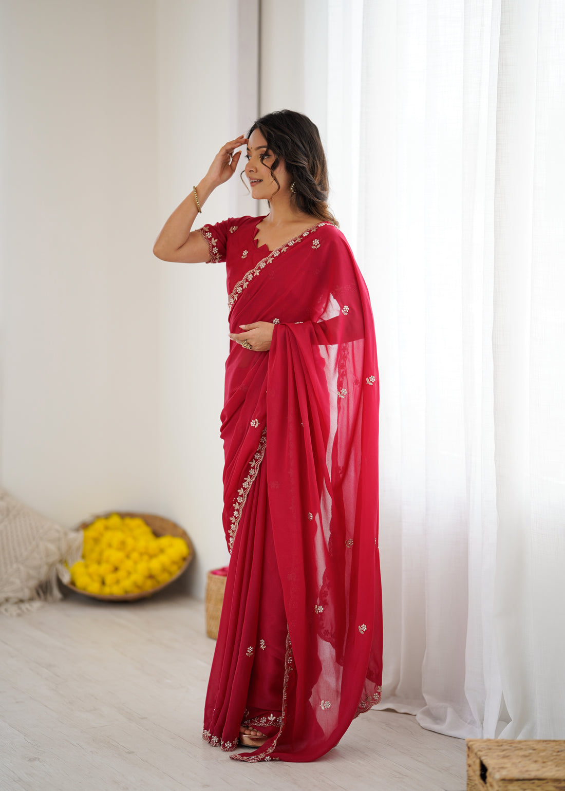 Heavy Star Georgette Silk Saree with Embroidery & Moti Work