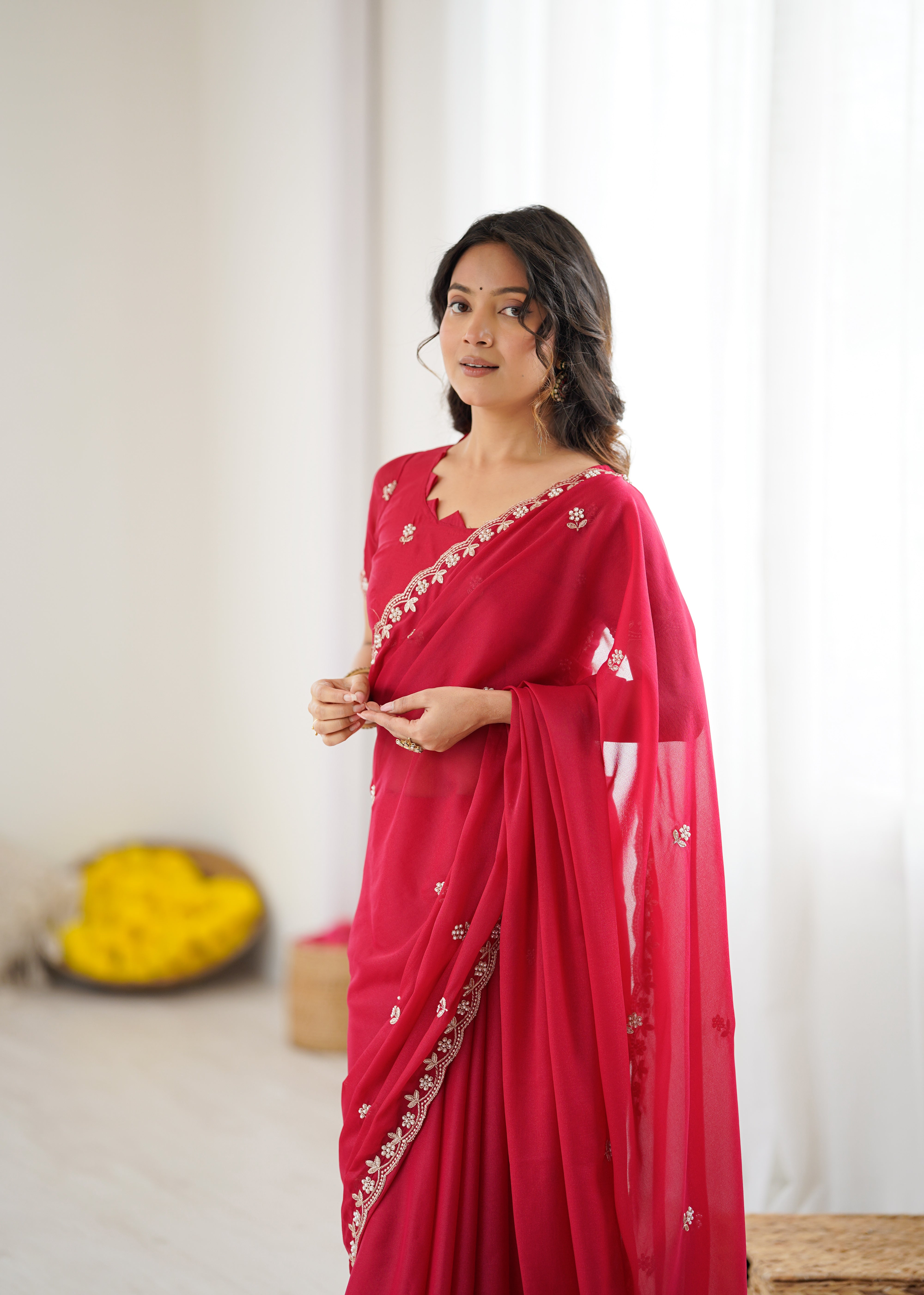Heavy Star Georgette Silk Saree with Embroidery & Moti Work