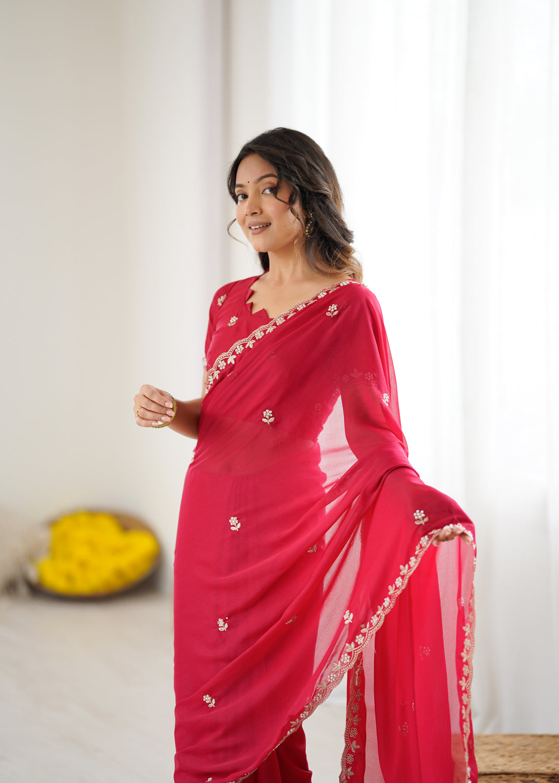 Heavy Star Georgette Silk Saree with Embroidery & Moti Work