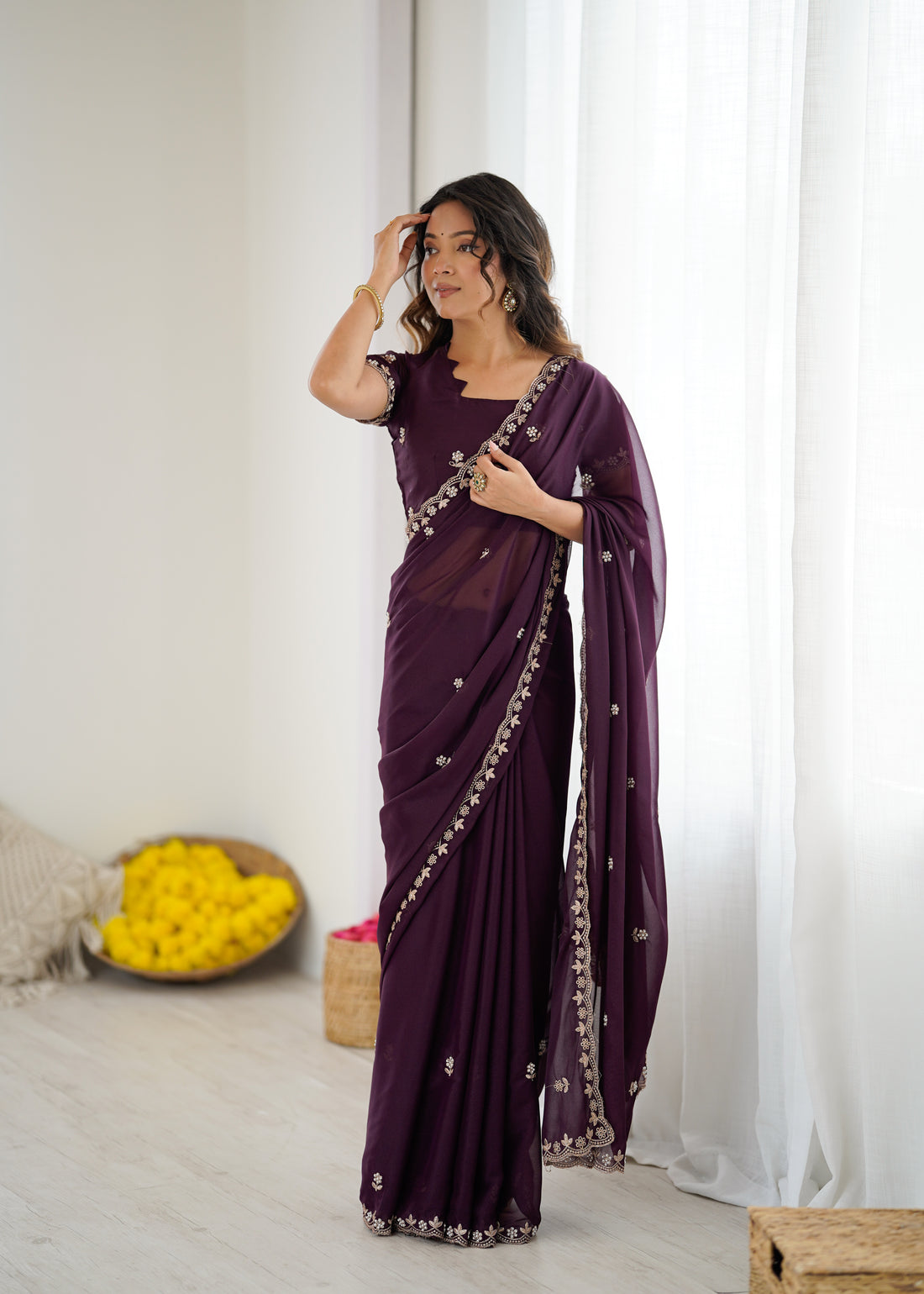 Heavy Star Georgette Silk Saree with Embroidery & Moti Work
