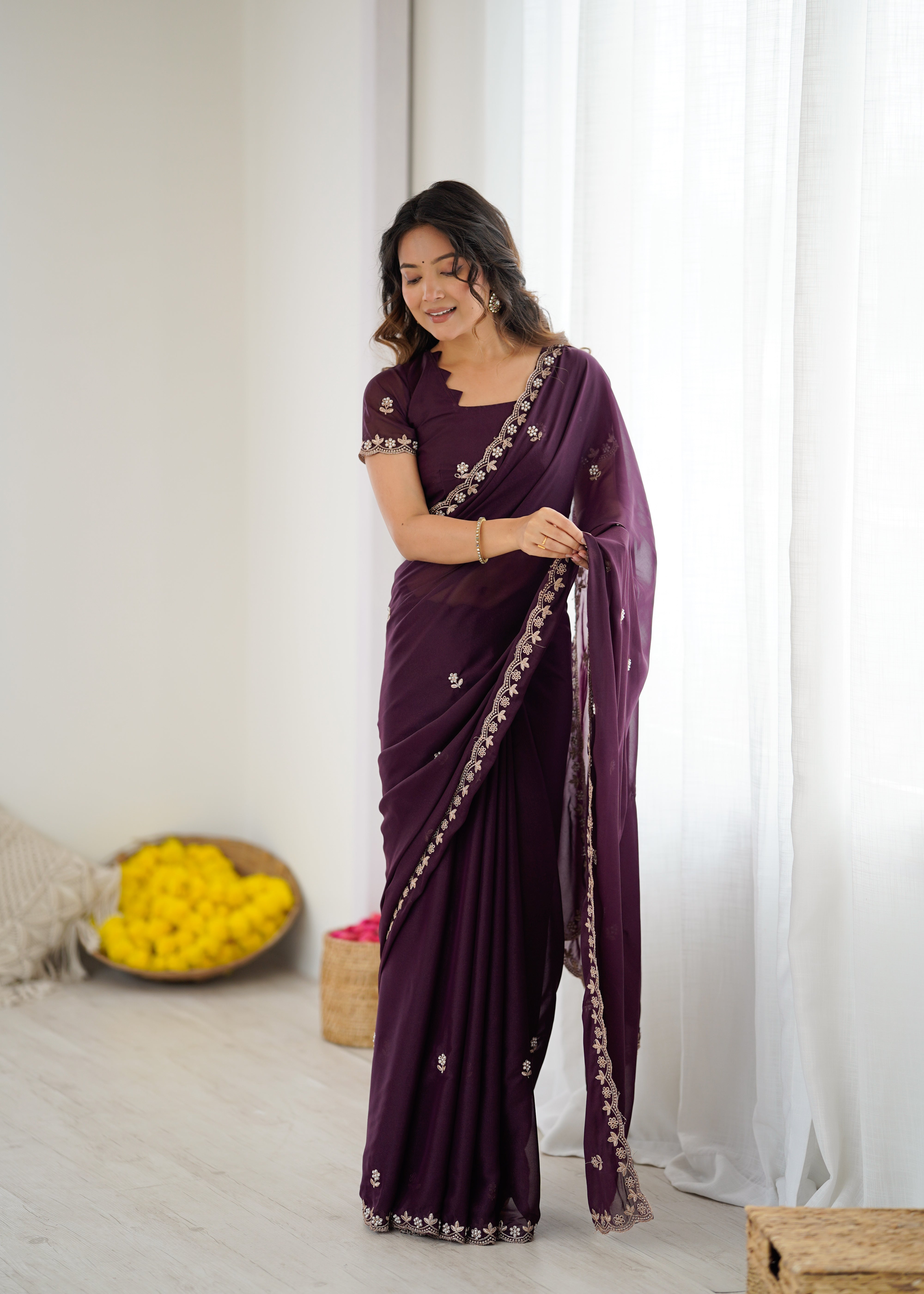 Heavy Star Georgette Silk Saree with Embroidery & Moti Work