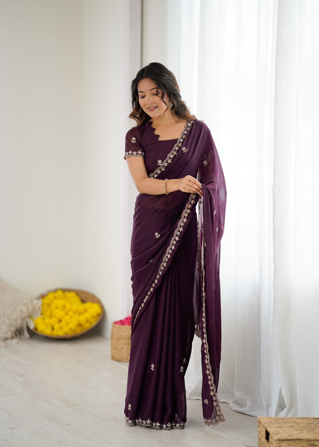 Heavy Star Georgette Silk Saree with Embroidery & Moti Work