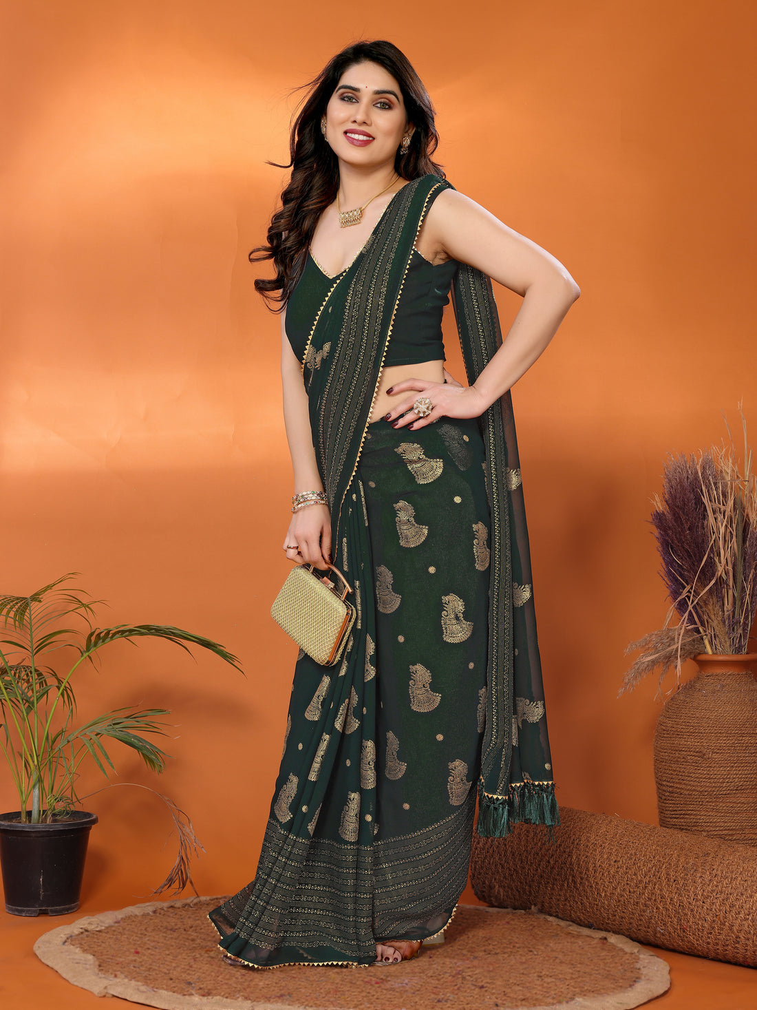 Georgette Silk Saree with Foil Work, Small Lace & Zalar
