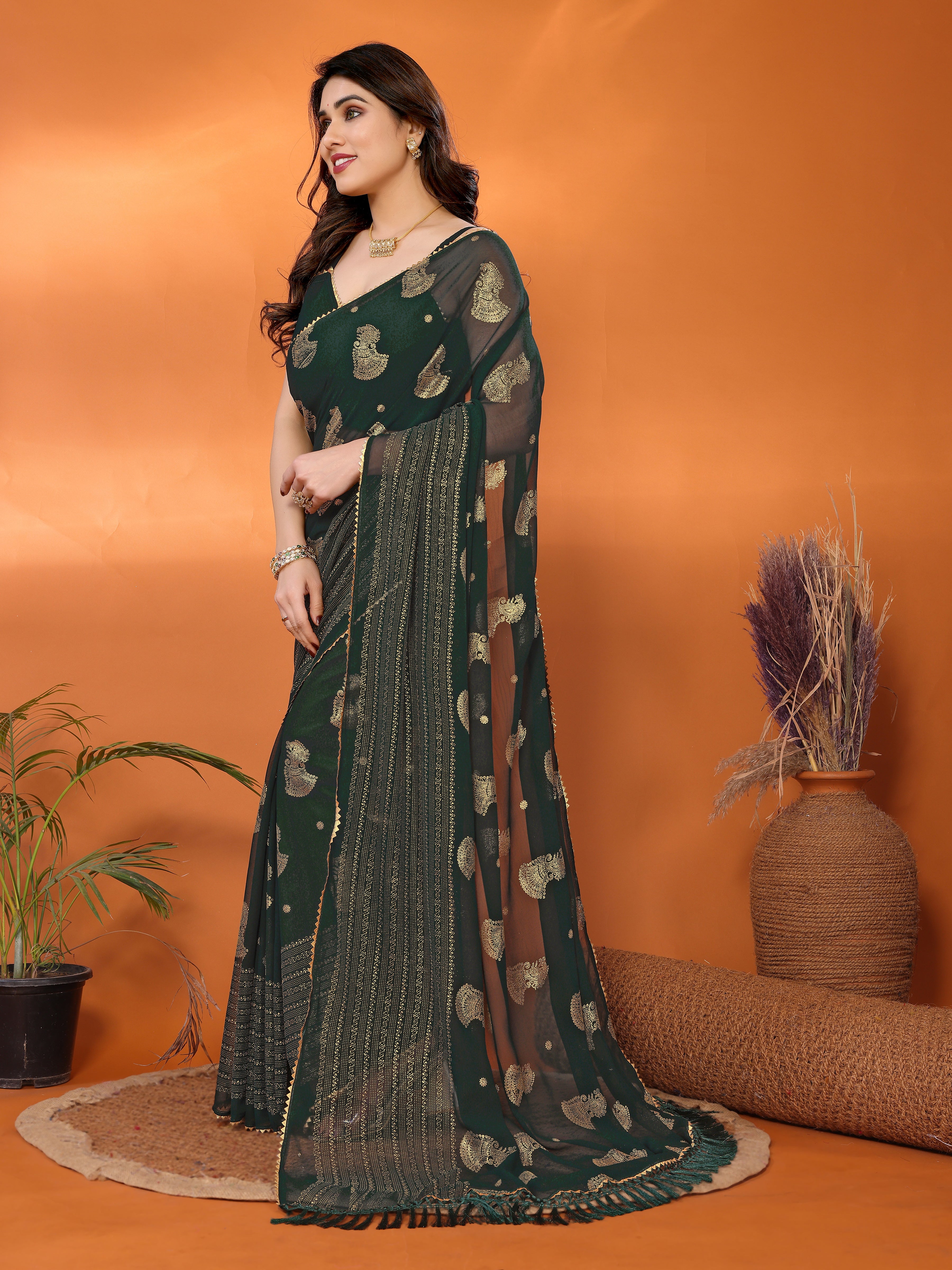 Georgette Silk Saree with Foil Work, Small Lace & Zalar