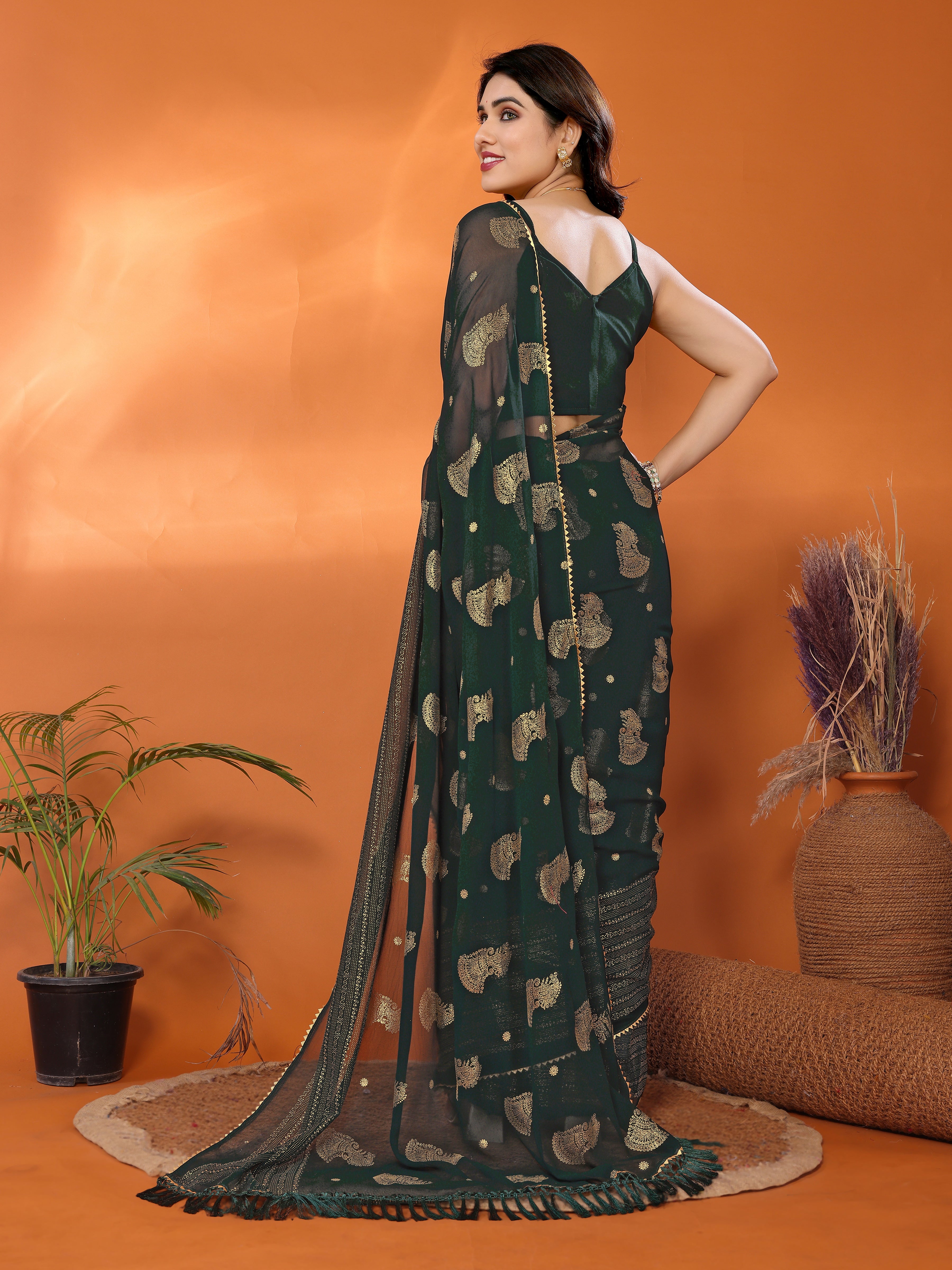 Georgette Silk Saree with Foil Work, Small Lace & Zalar