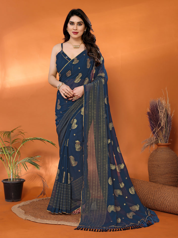Georgette Silk Saree with Foil Work, Small Lace & Zalar
