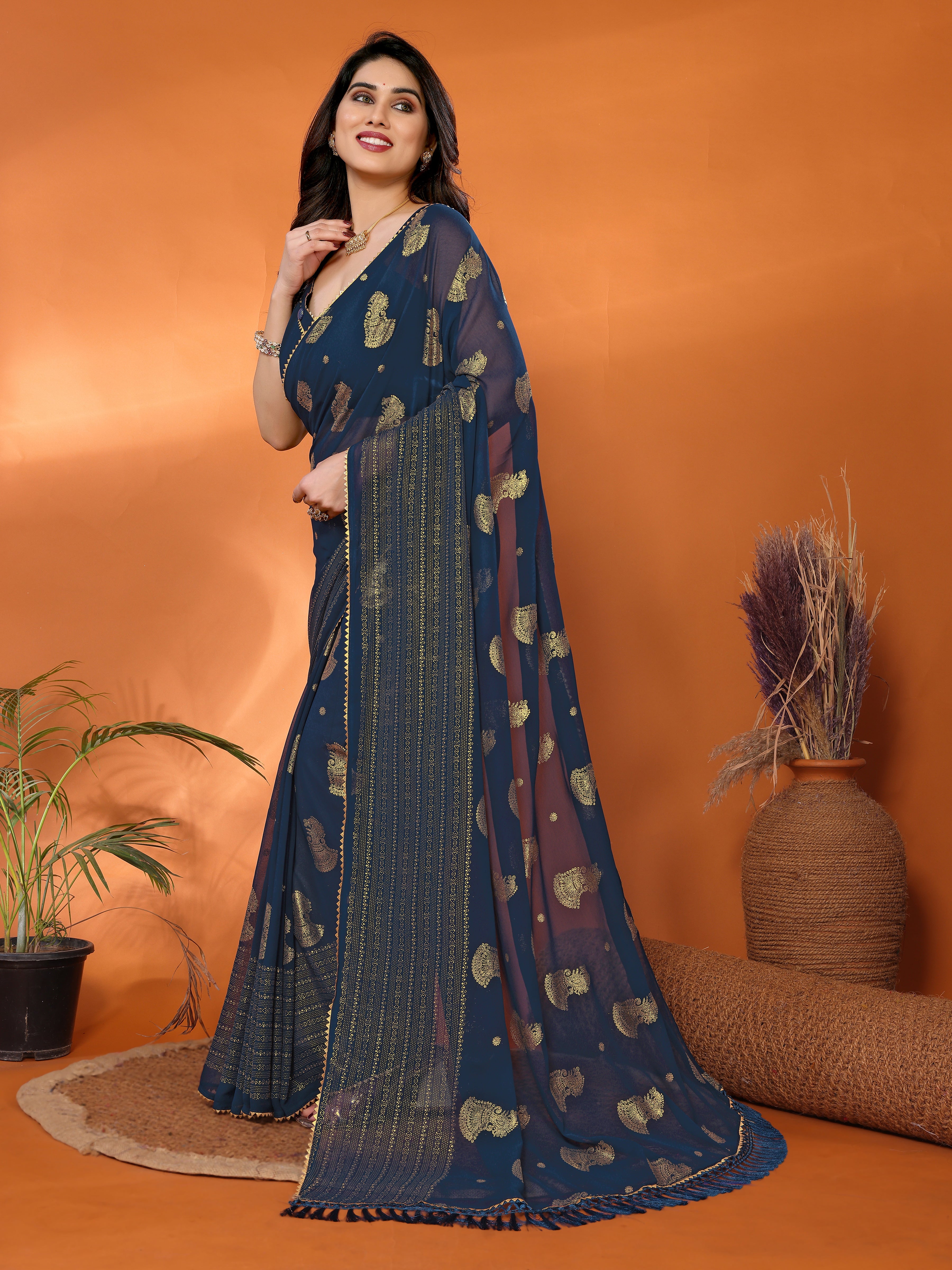 Georgette Silk Saree with Foil Work, Small Lace & Zalar