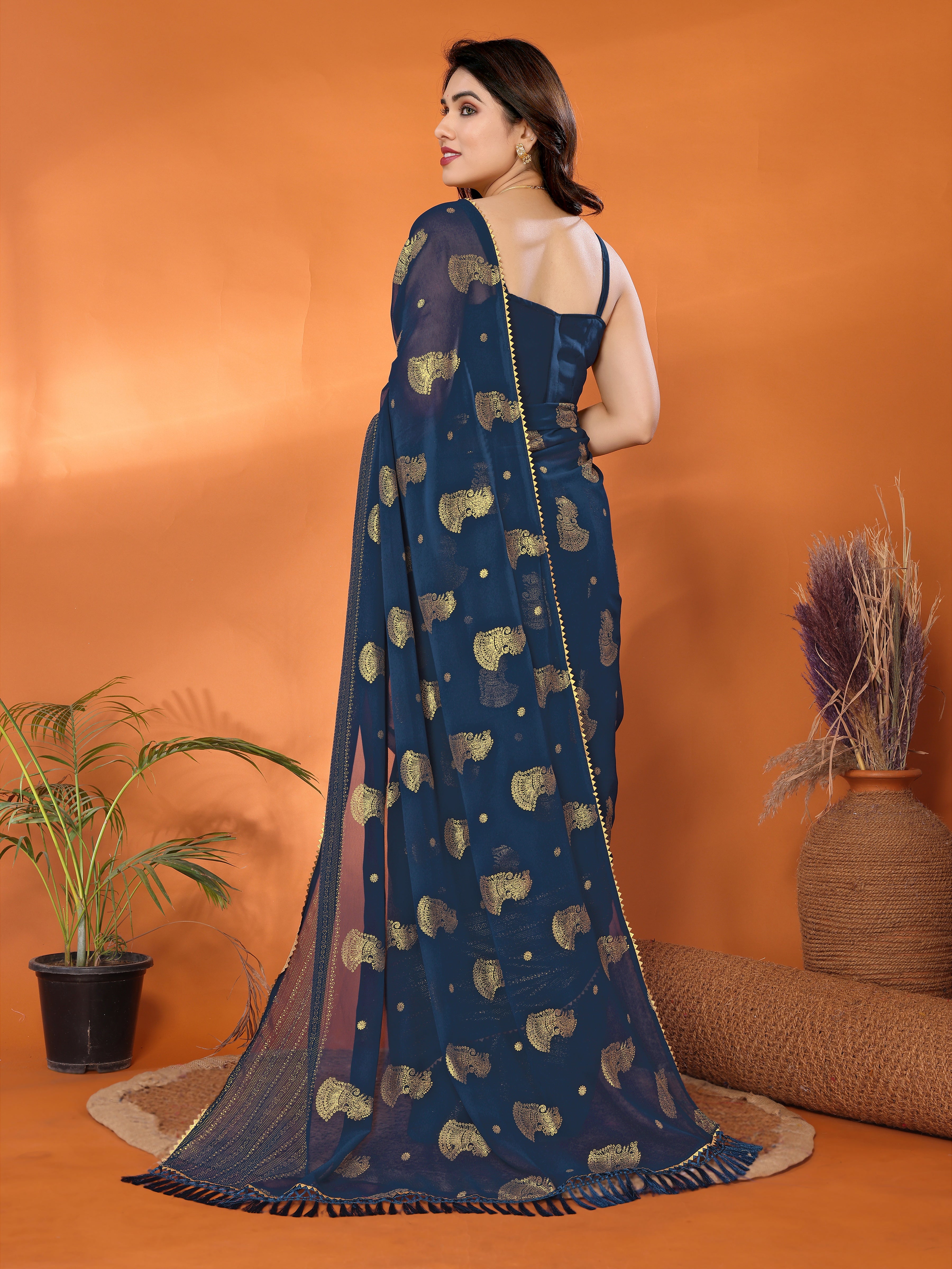 Georgette Silk Saree with Foil Work, Small Lace & Zalar