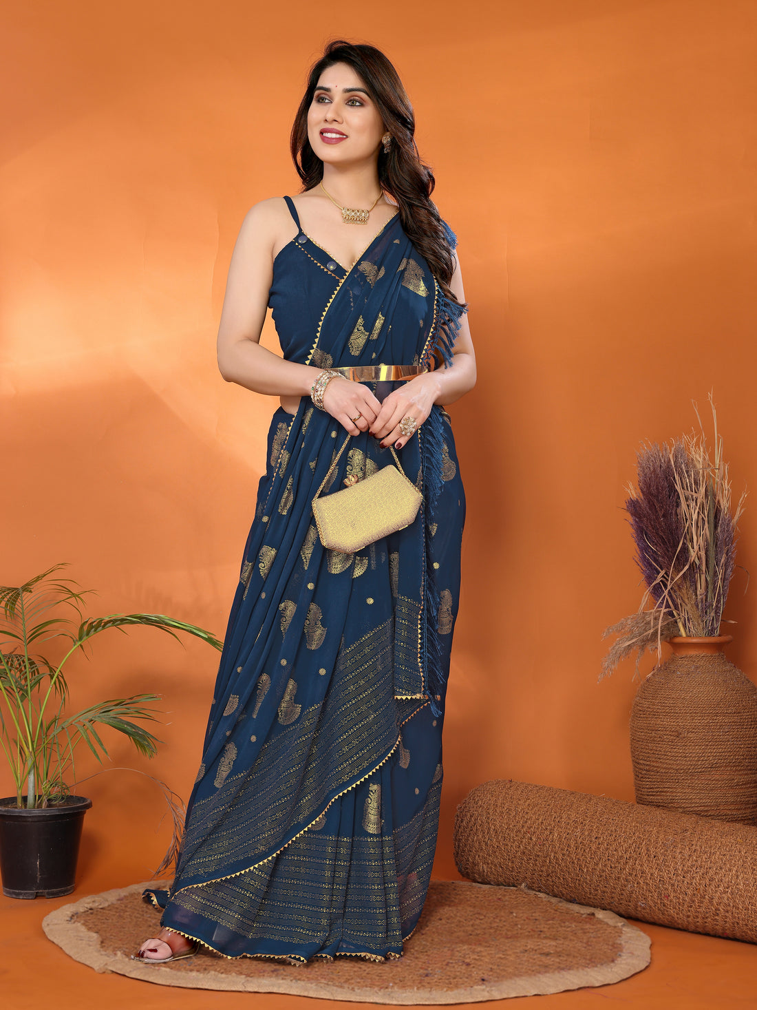 Georgette Silk Saree with Foil Work, Small Lace & Zalar