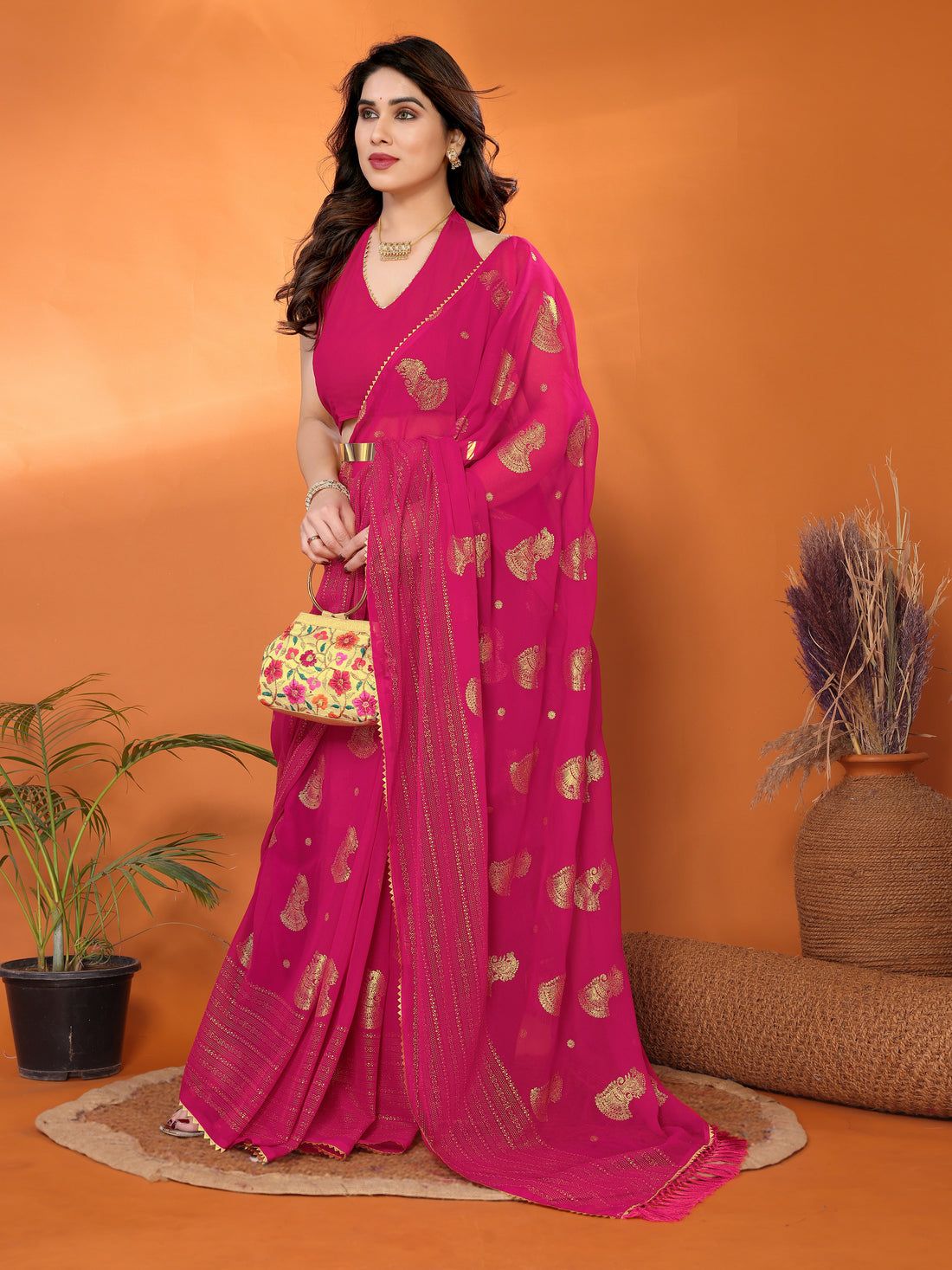 Georgette Silk Saree with Foil Work, Small Lace & Zalar
