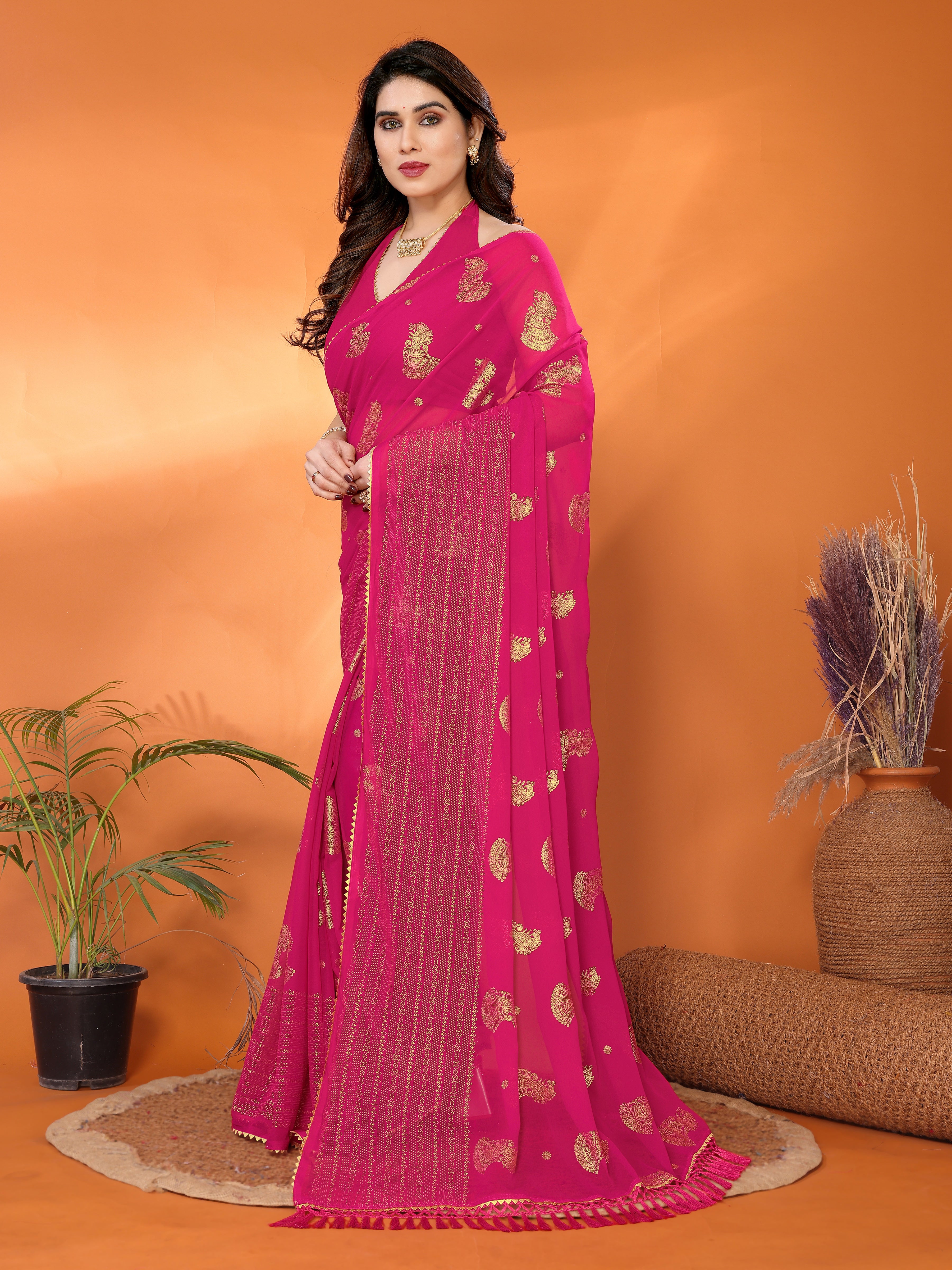 Georgette Silk Saree with Foil Work, Small Lace & Zalar