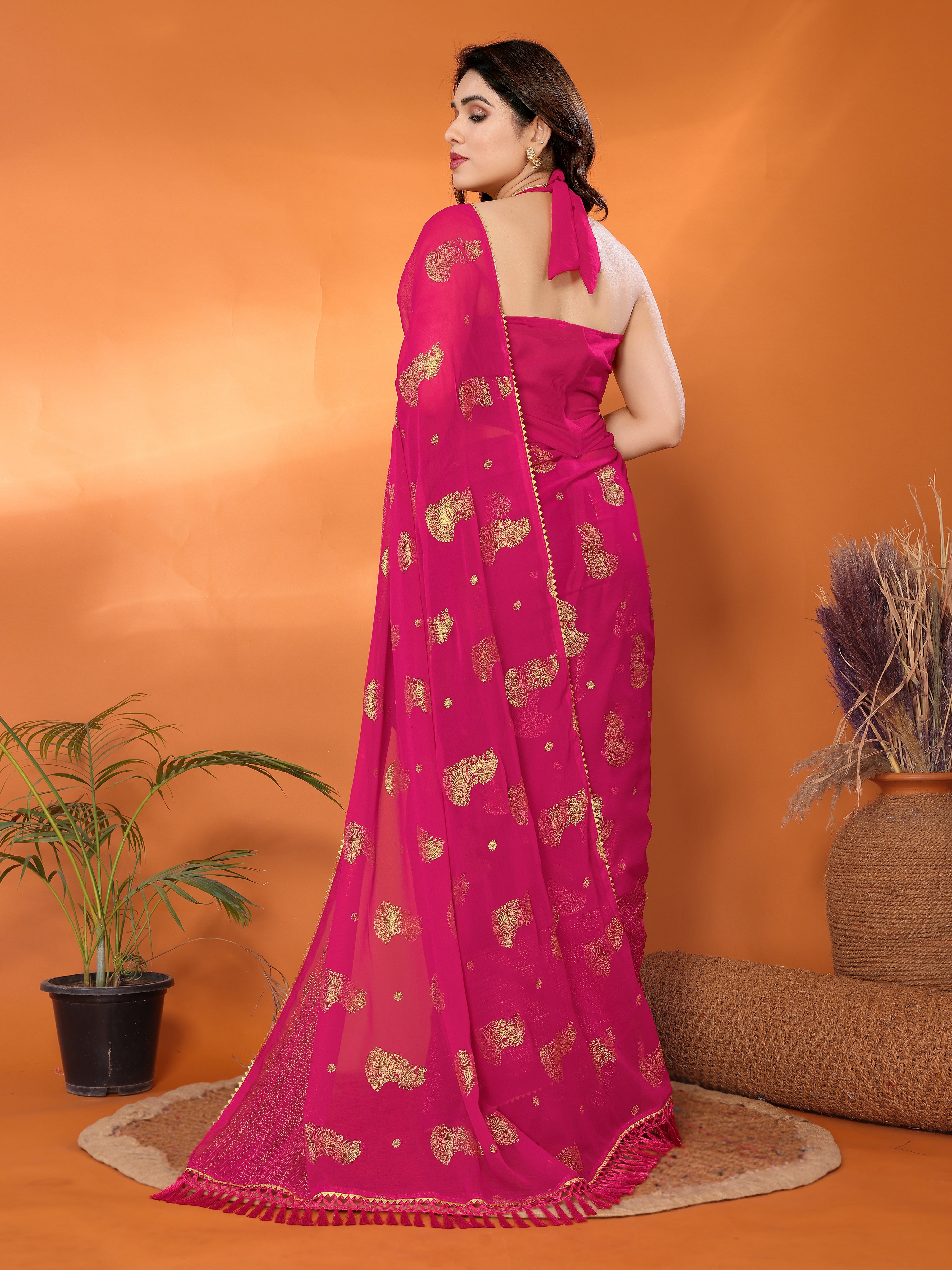 Georgette Silk Saree with Foil Work, Small Lace & Zalar