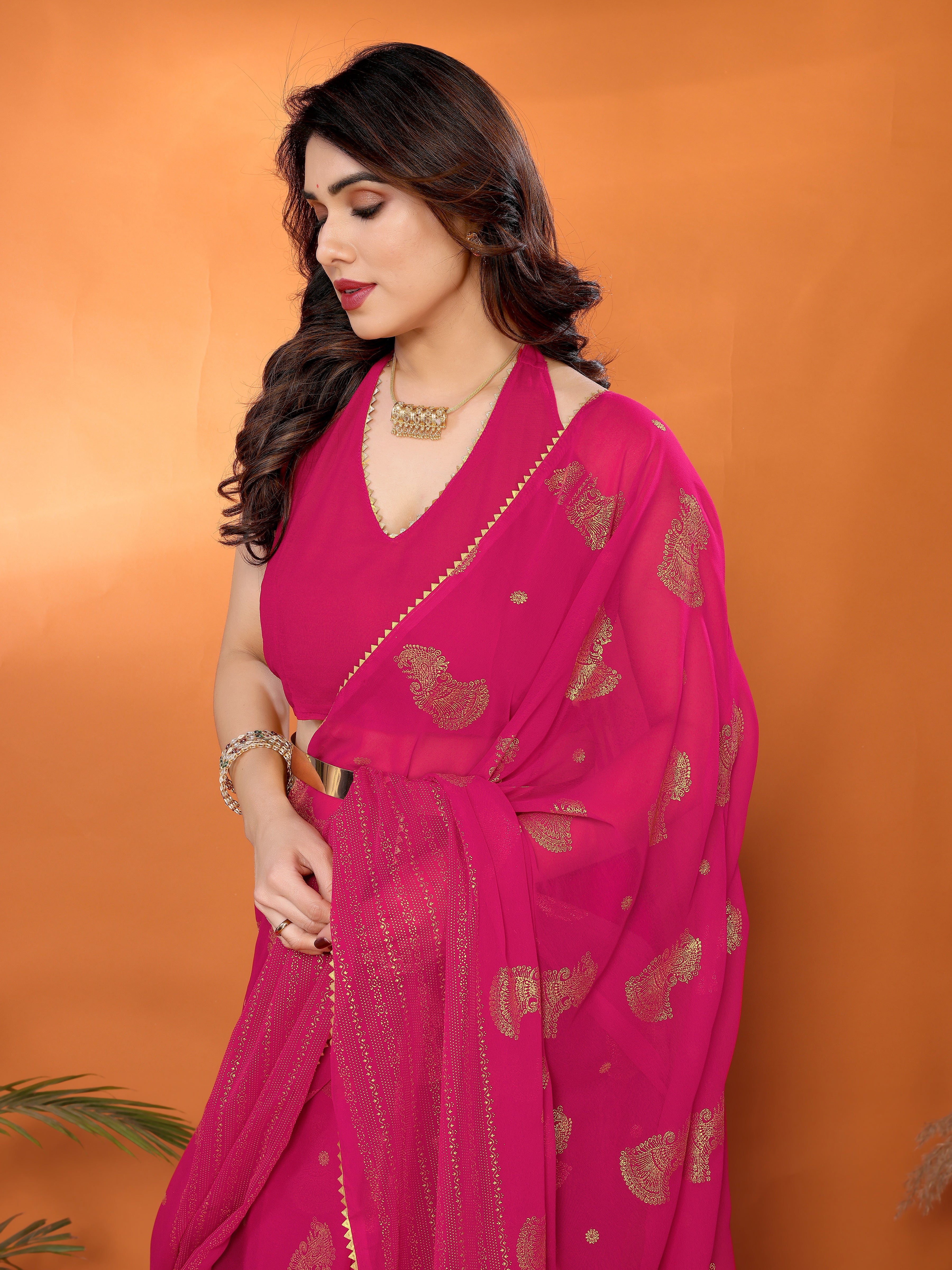 Georgette Silk Saree with Foil Work, Small Lace & Zalar