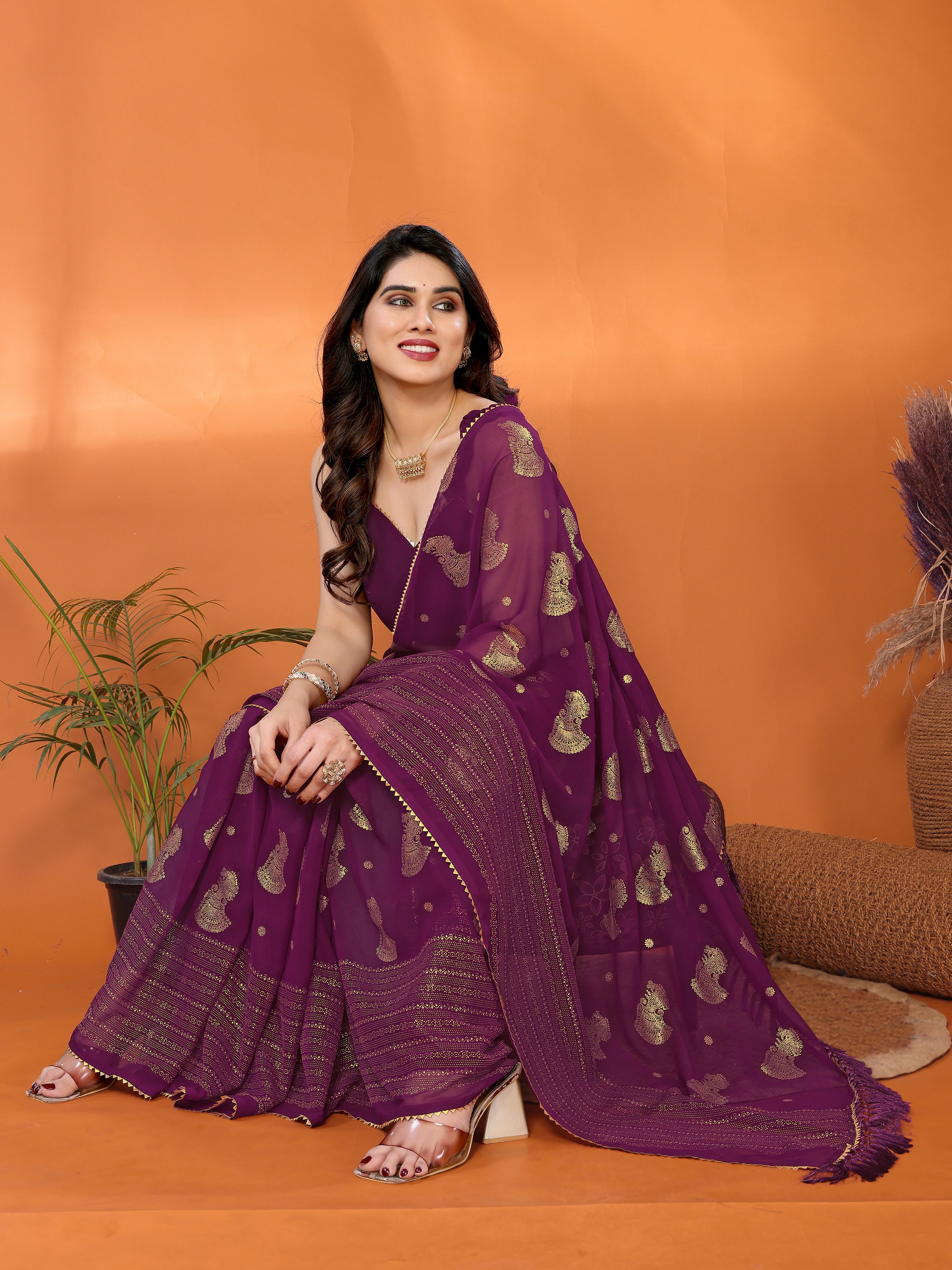 Georgette Silk Saree with Foil Work, Small Lace & Zalar