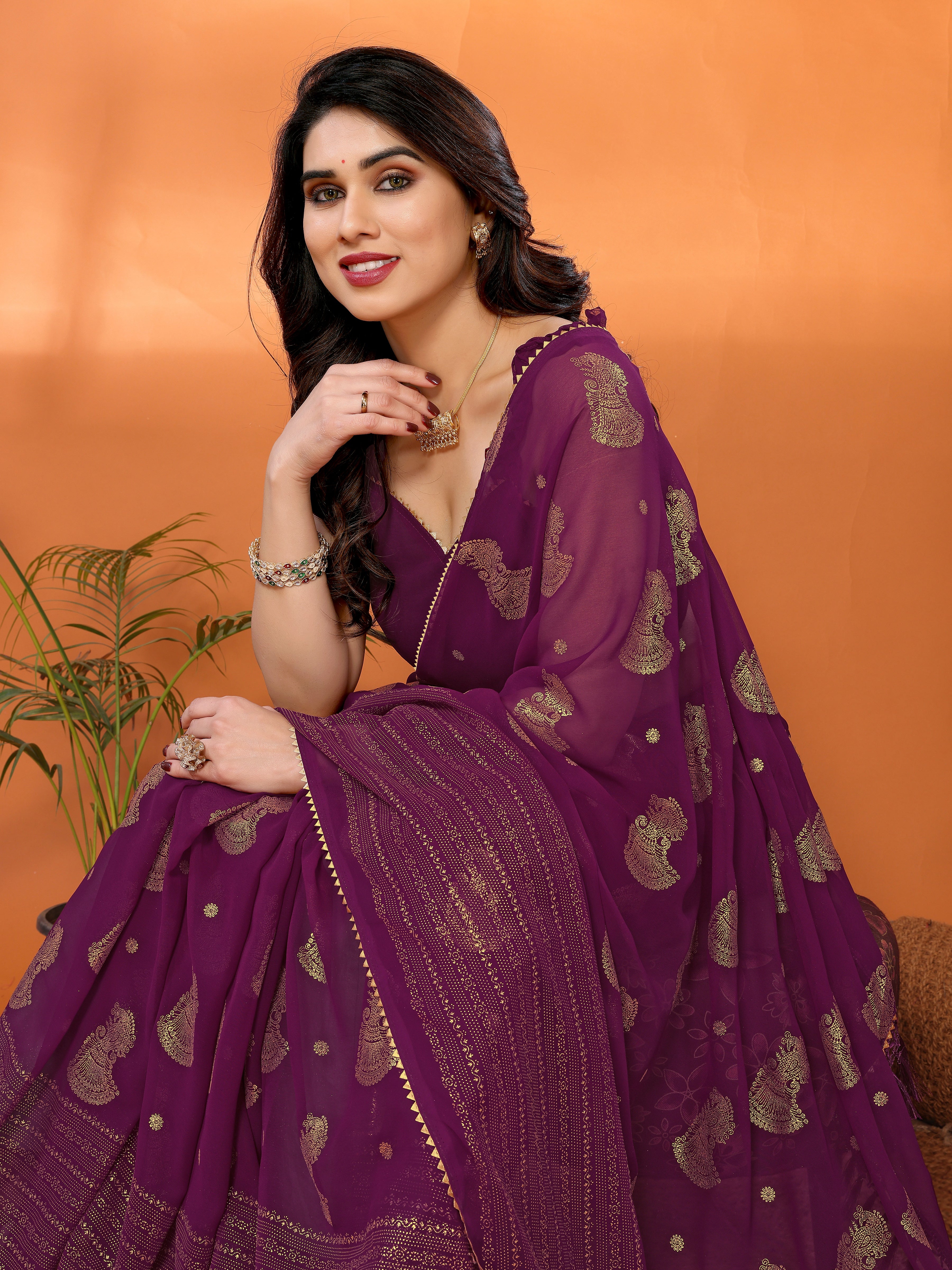 Georgette Silk Saree with Foil Work, Small Lace & Zalar