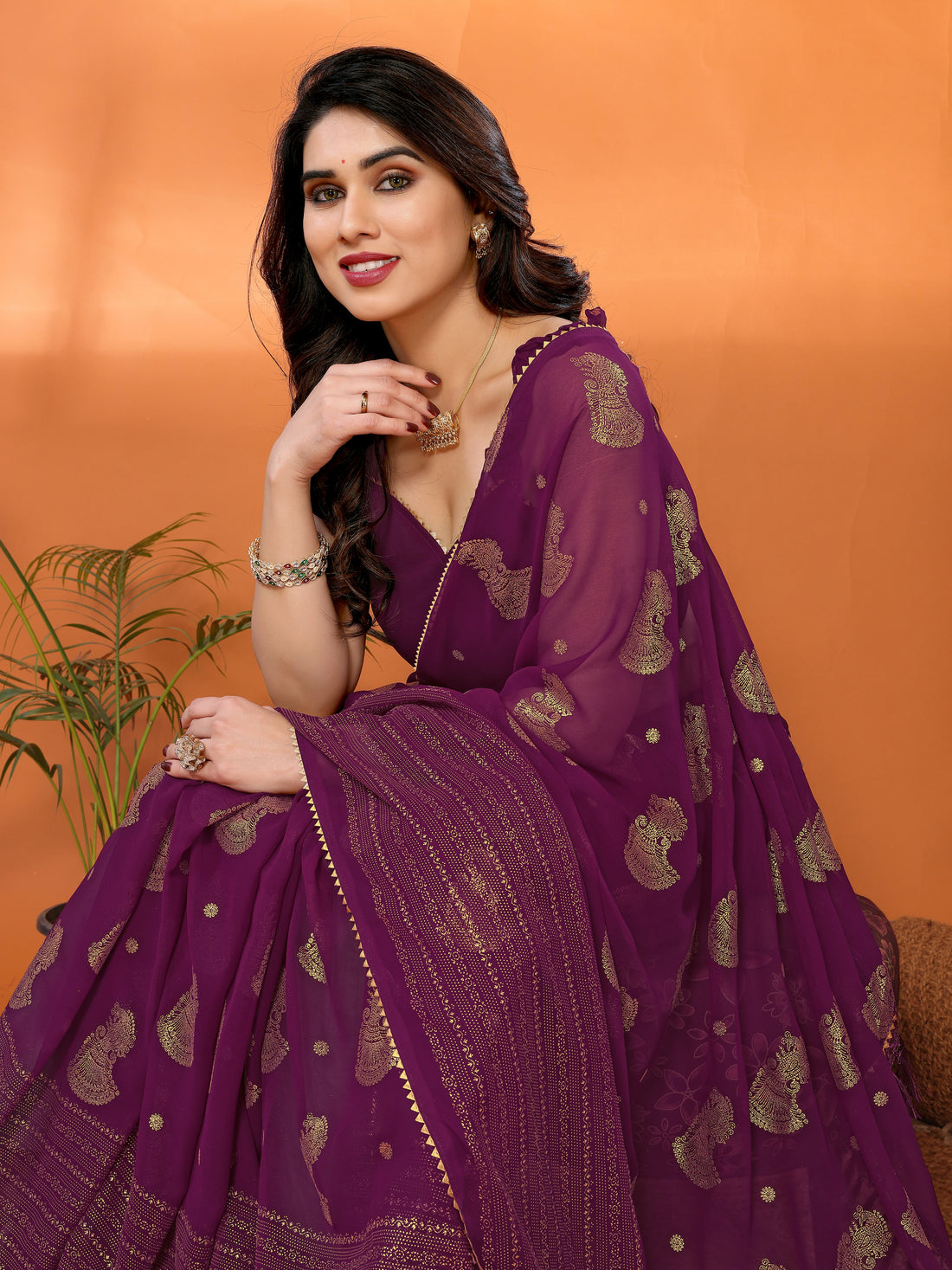 Georgette Silk Saree with Foil Work, Small Lace & Zalar