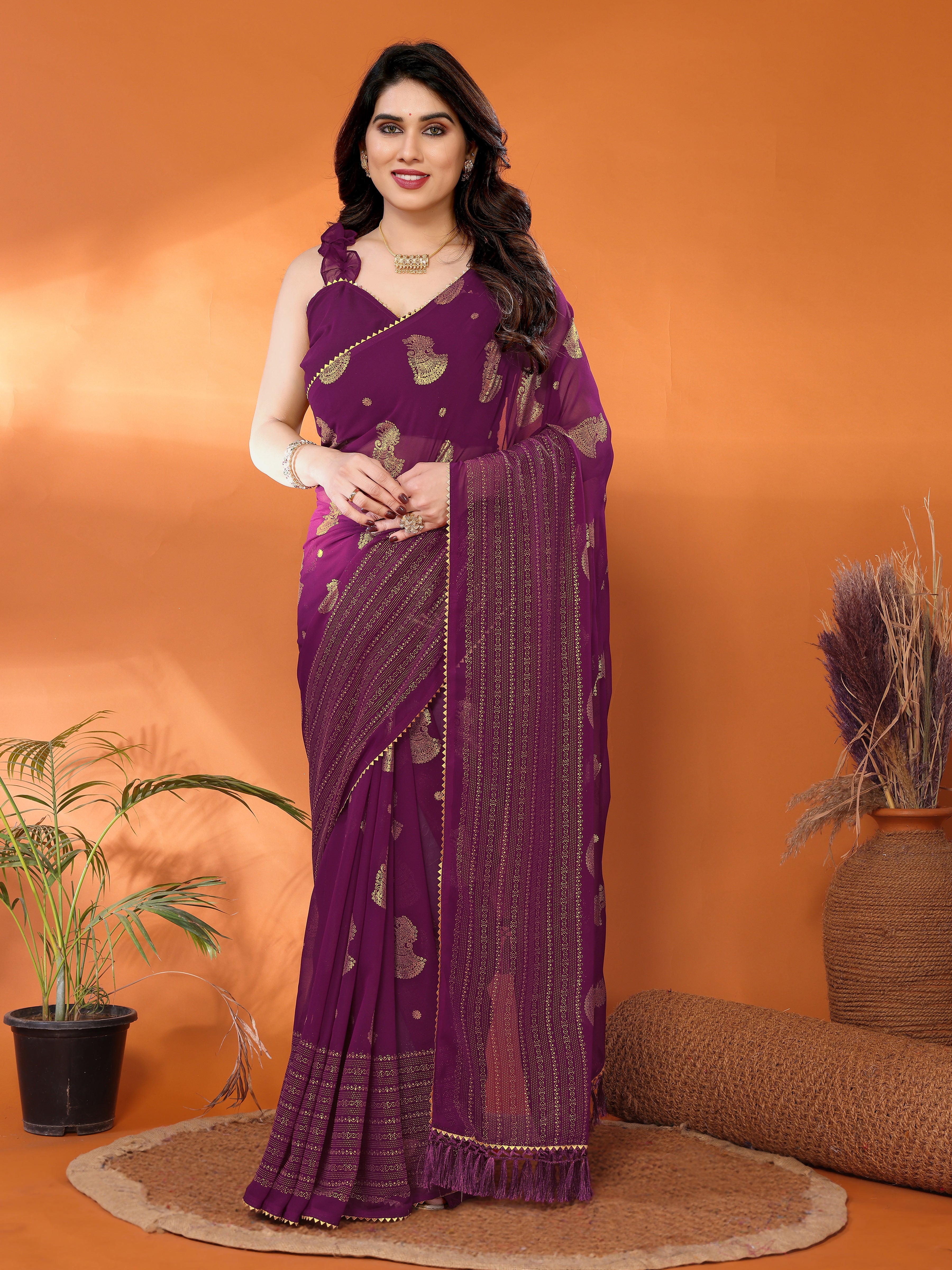 Georgette Silk Saree with Foil Work, Small Lace & Zalar