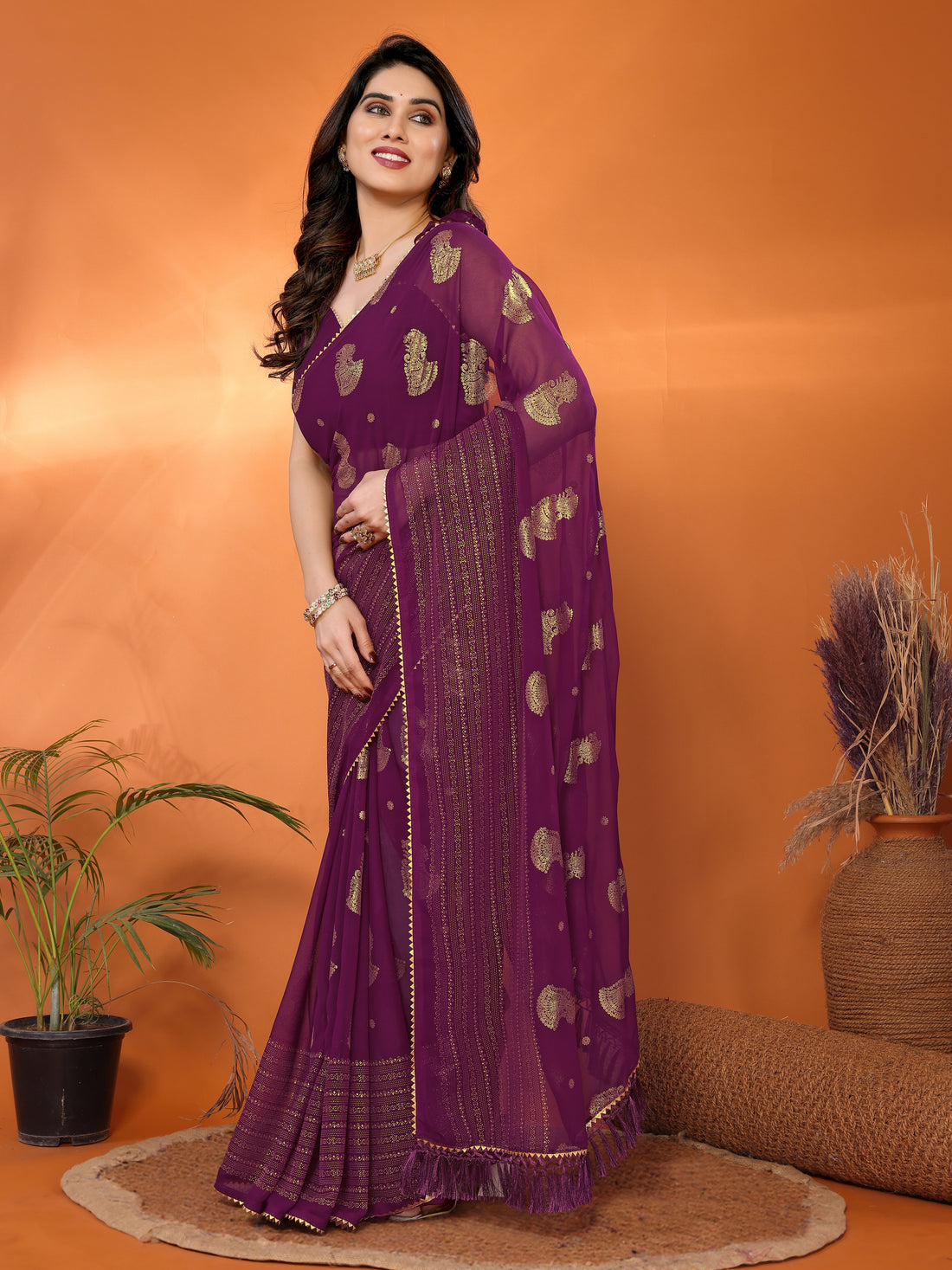 Georgette Silk Saree with Foil Work, Small Lace & Zalar