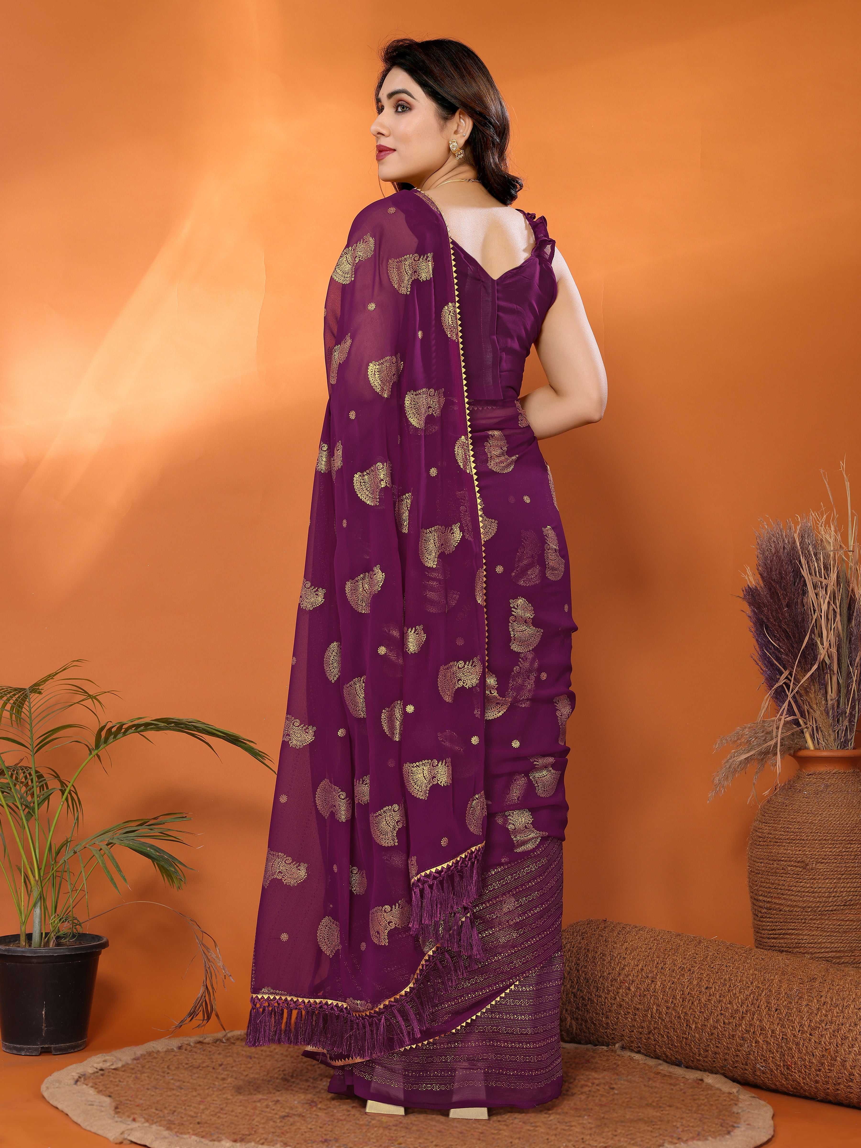 Georgette Silk Saree with Foil Work, Small Lace & Zalar