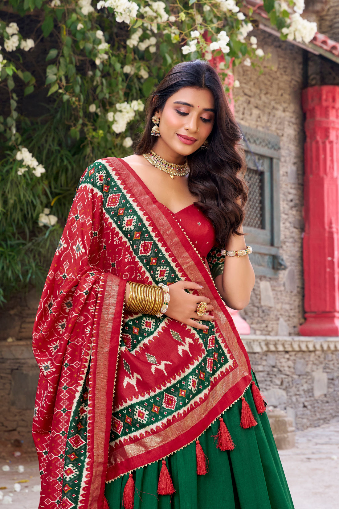 Women's Green Tusser Silk Lehenga Choli with Floral Print, Foil Work &amp; Gotta Patti Dupatta | Designer Festive &amp; Wedding Wear