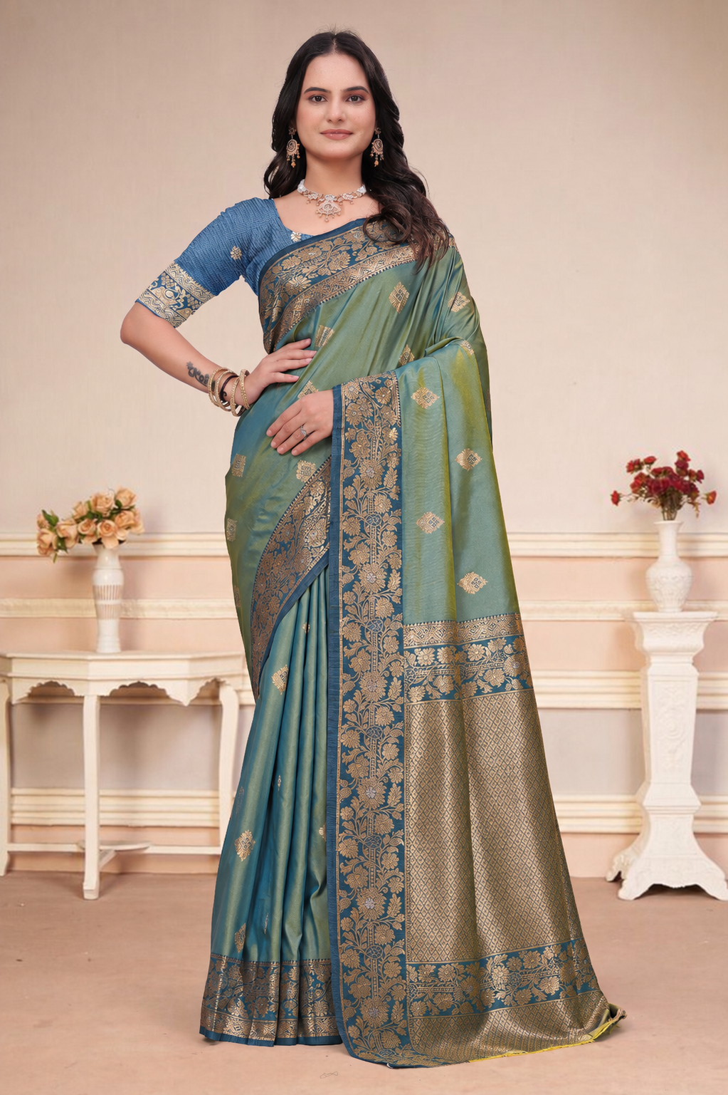 Sea Green Dual-Tone Silk Saree with Floral Zari Border