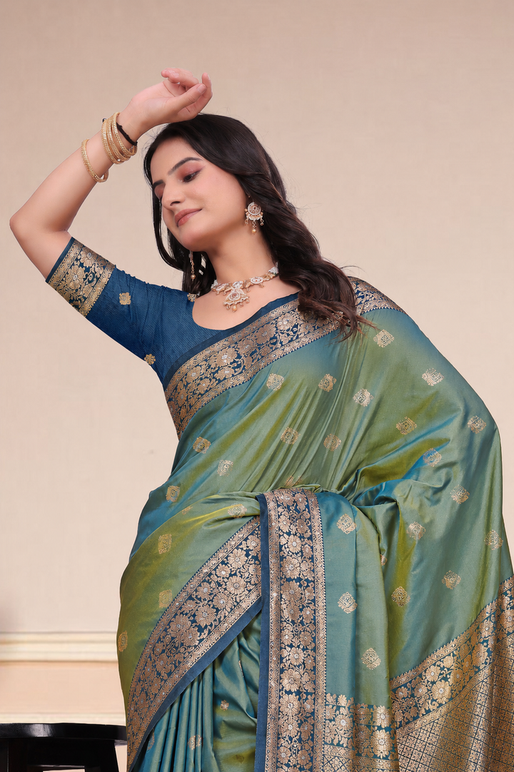 Sea Green Dual-Tone Silk Saree with Floral Zari Border