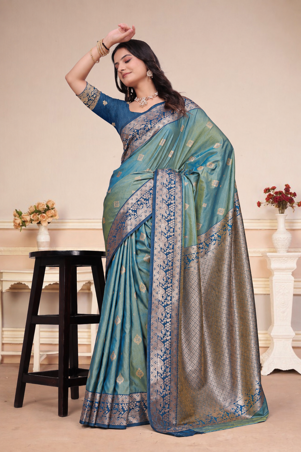 Sea Green Dual-Tone Silk Saree with Floral Zari Border