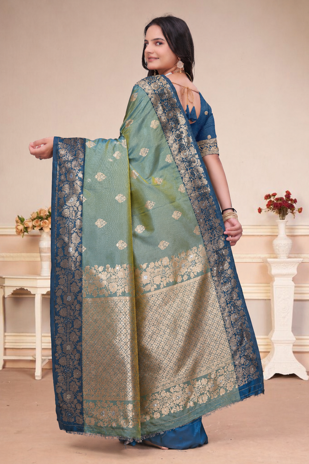 Sea Green Dual-Tone Silk Saree with Floral Zari Border