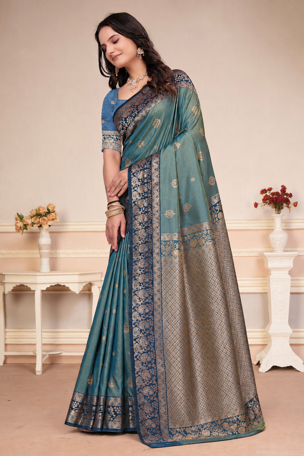 Sea Green Dual-Tone Silk Saree with Floral Zari Border