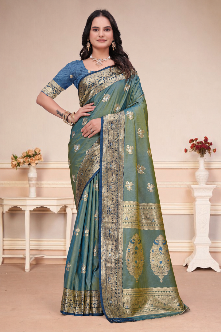 Olive Green Dual-Tone Silk Saree with Rich Zari Work