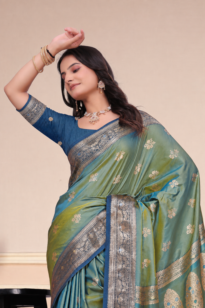 Olive Green Dual-Tone Silk Saree with Rich Zari Work