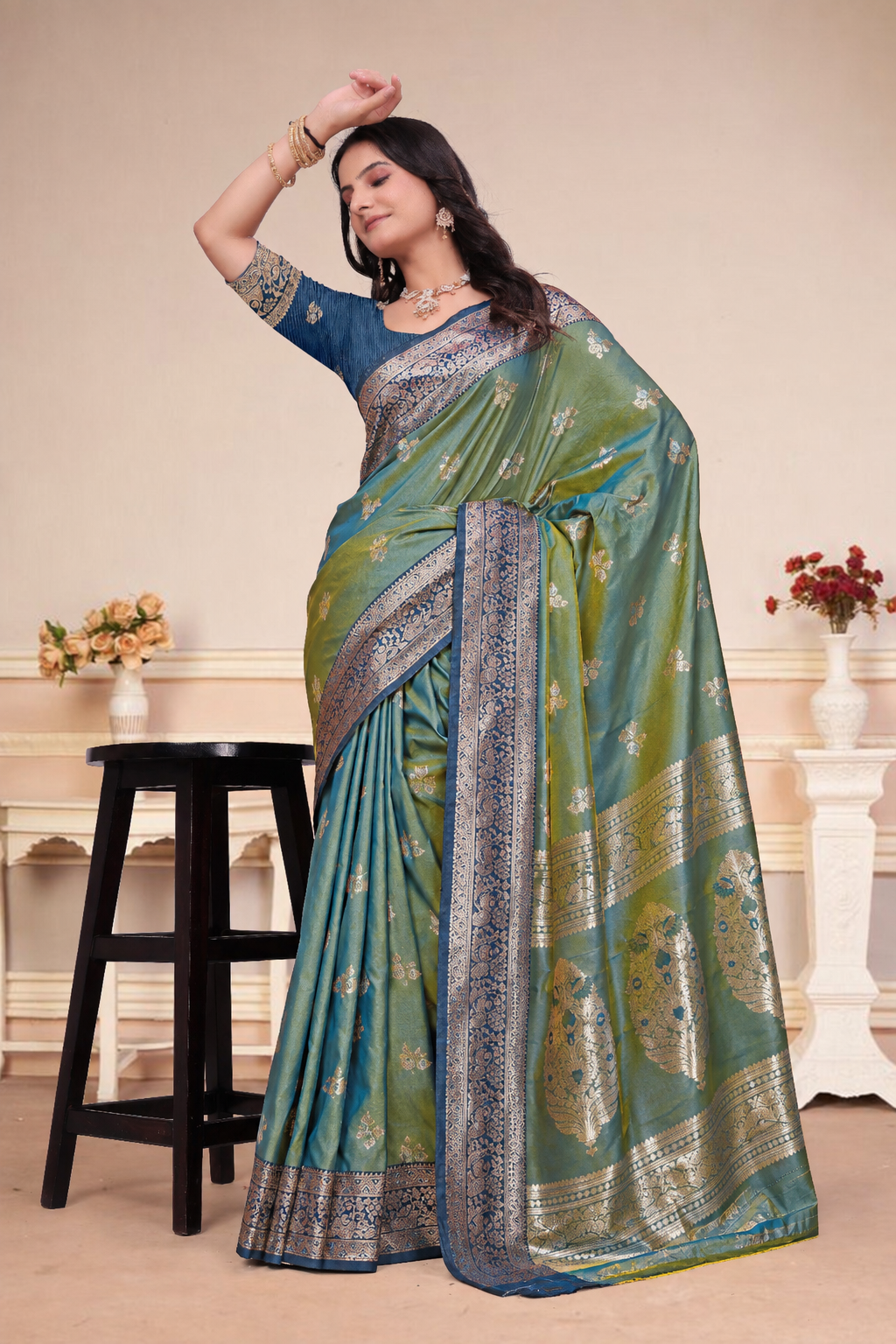 Olive Green Dual-Tone Silk Saree with Rich Zari Work