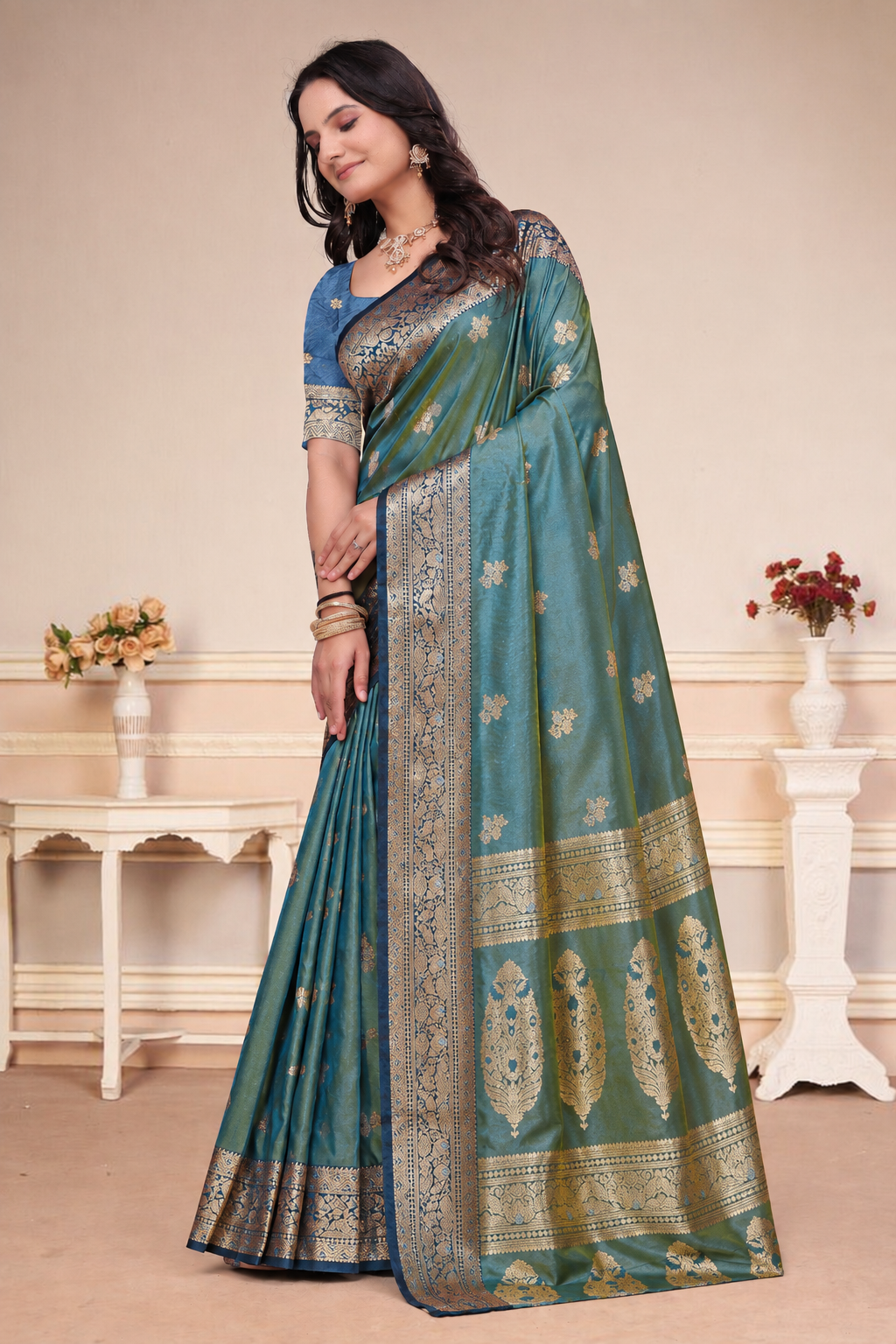 Olive Green Dual-Tone Silk Saree with Rich Zari Work