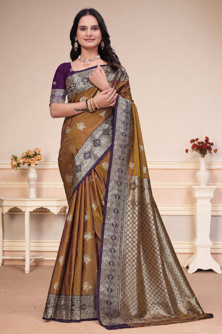 Mustard Brown Silk Saree with Purple Border & Zari Pallu