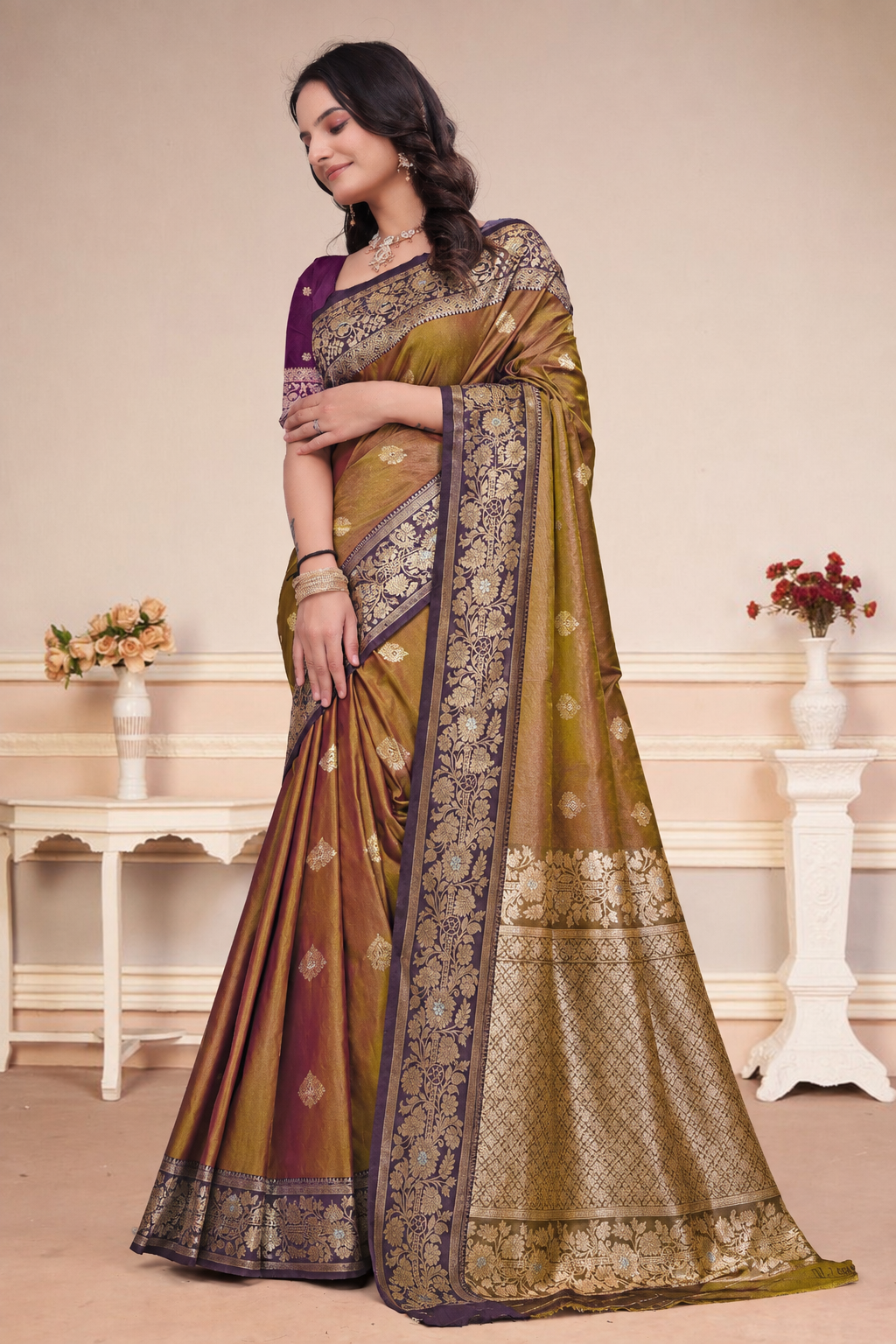 Mustard Brown Silk Saree with Wine Purple Floral Border