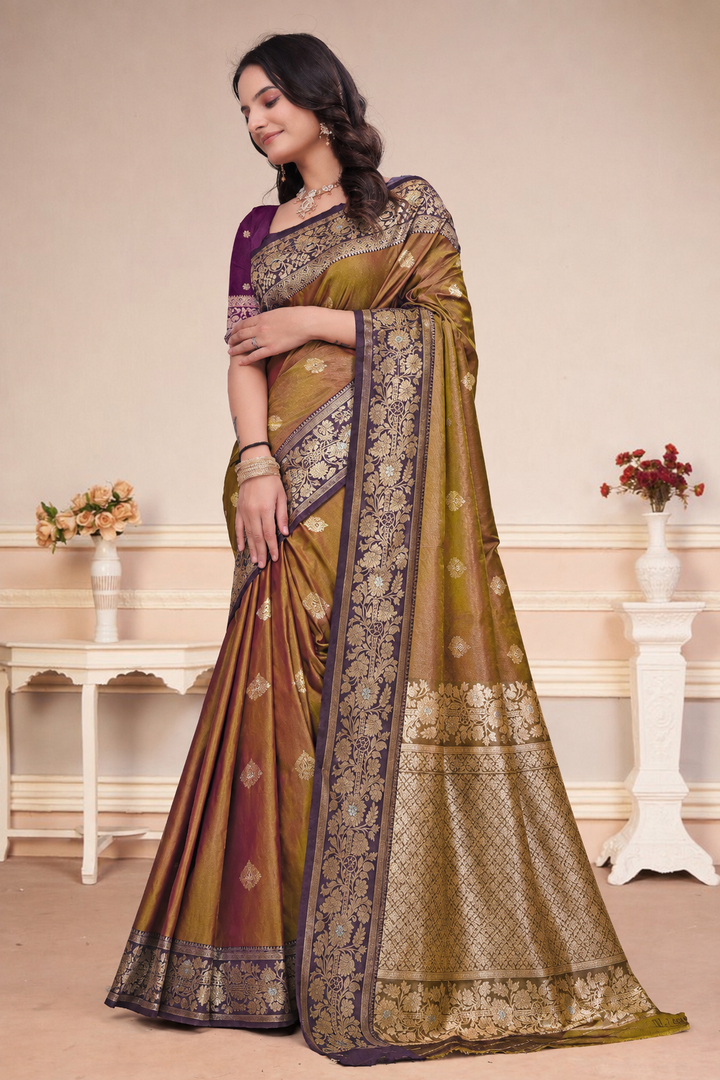 Mustard Brown Silk Saree with Wine Purple Floral Border