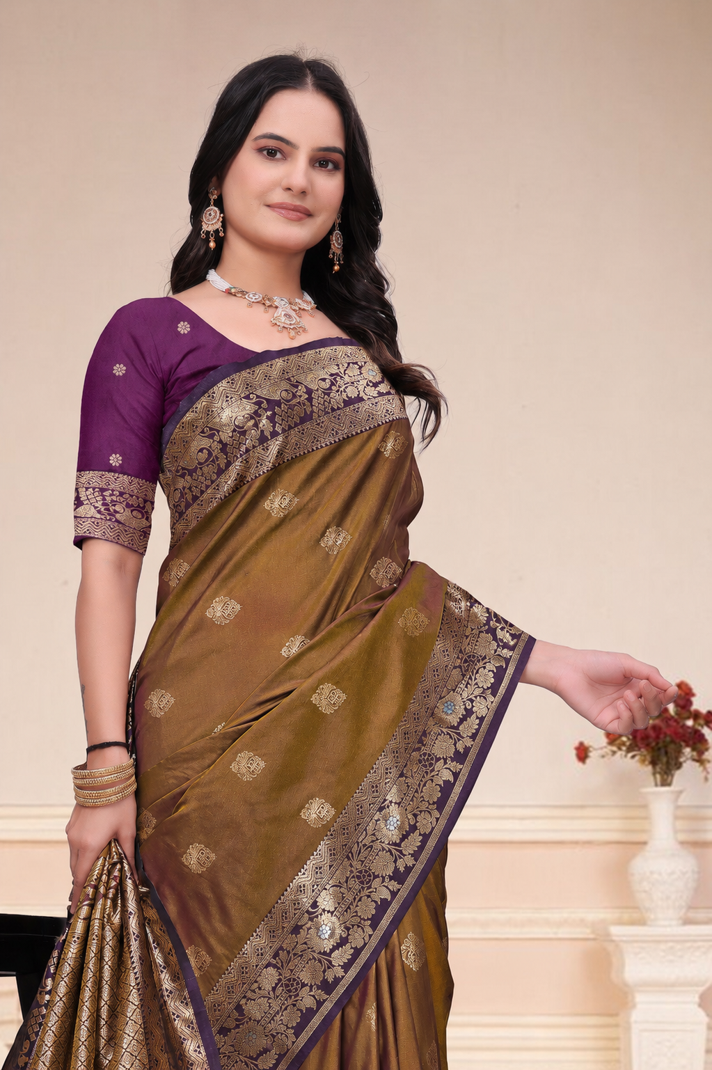Mustard Brown Silk Saree with Wine Purple Floral Border