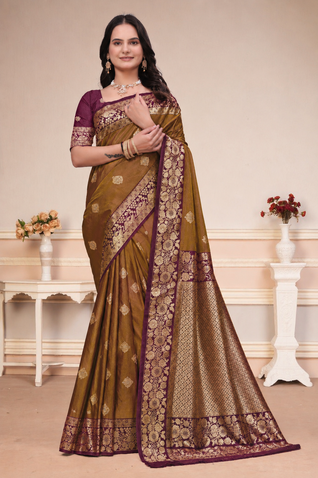 Mustard Brown Silk Saree with Wine Purple Floral Border