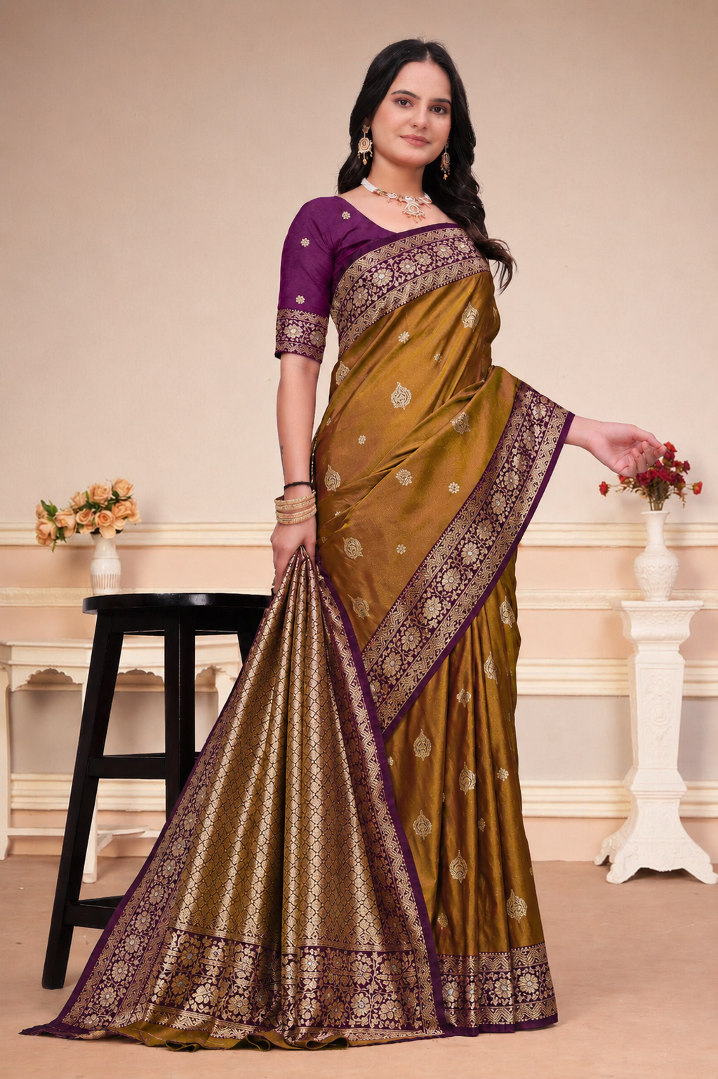 Mustard Brown Silk Saree with Wine Purple Floral Border