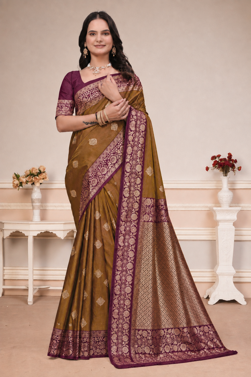 Mustard Brown Silk Saree with Wine Purple Floral Border
