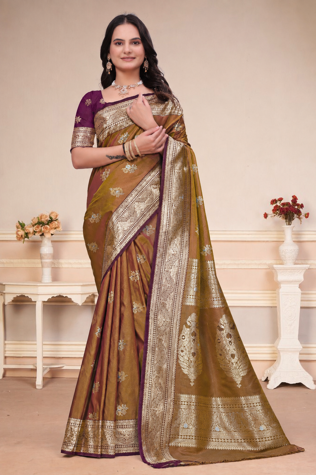 Olive Gold Silk Saree with Wine Purple Zari Border