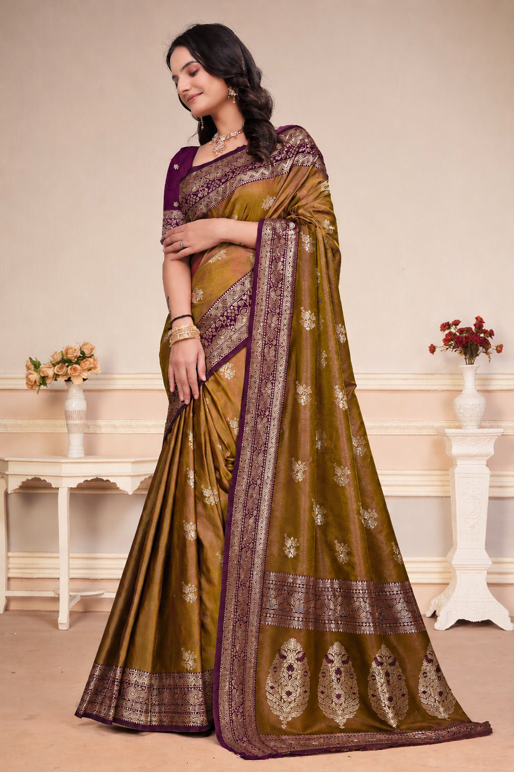 Olive Gold Silk Saree with Wine Purple Zari Border