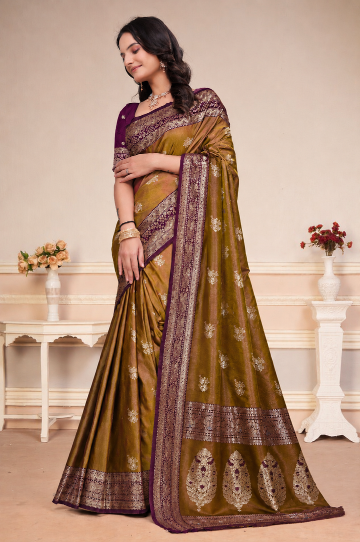 Olive Gold Silk Saree with Wine Purple Zari Border