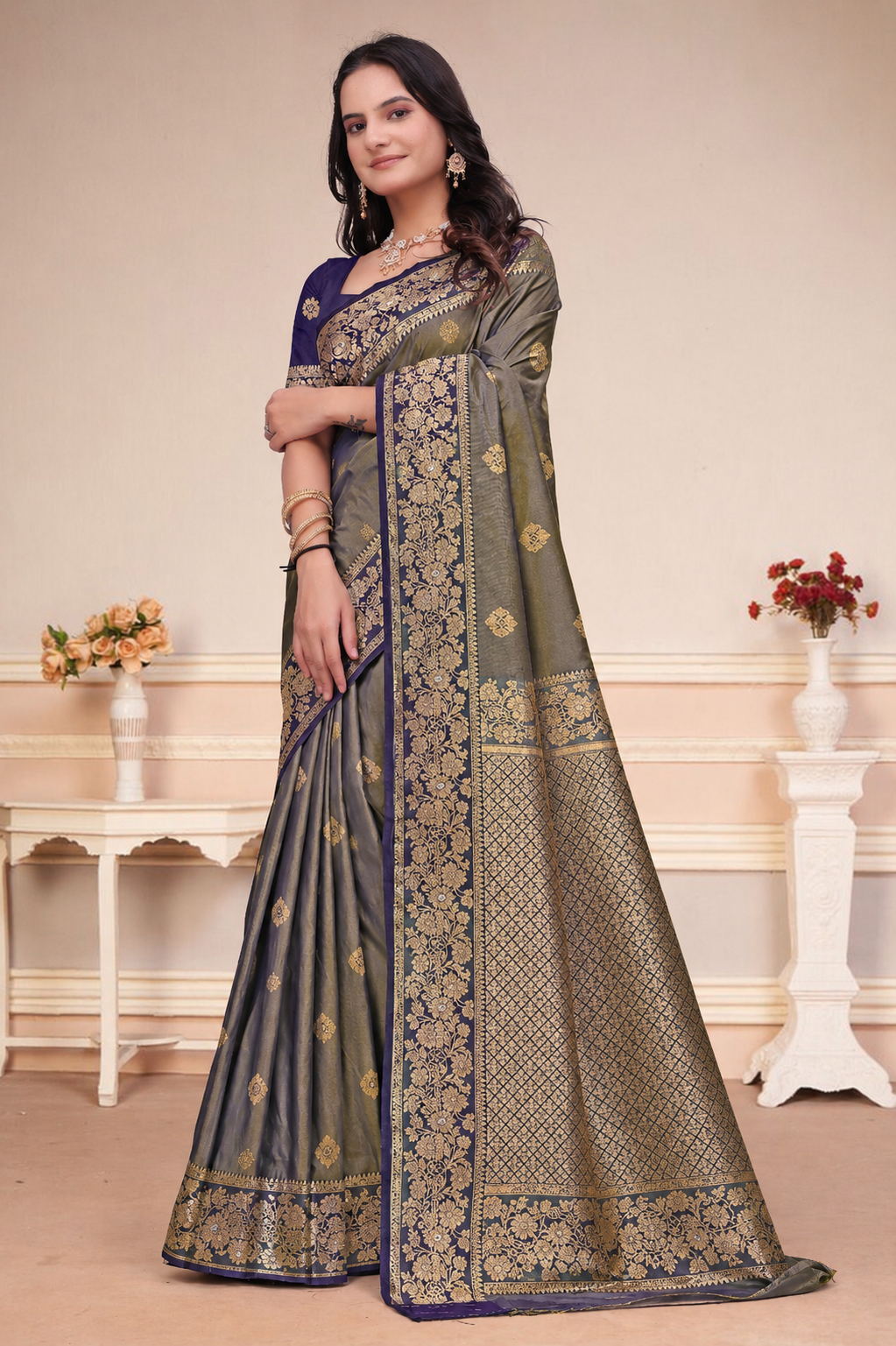 Olive Green and Purple Dual-Tone Silk Saree
