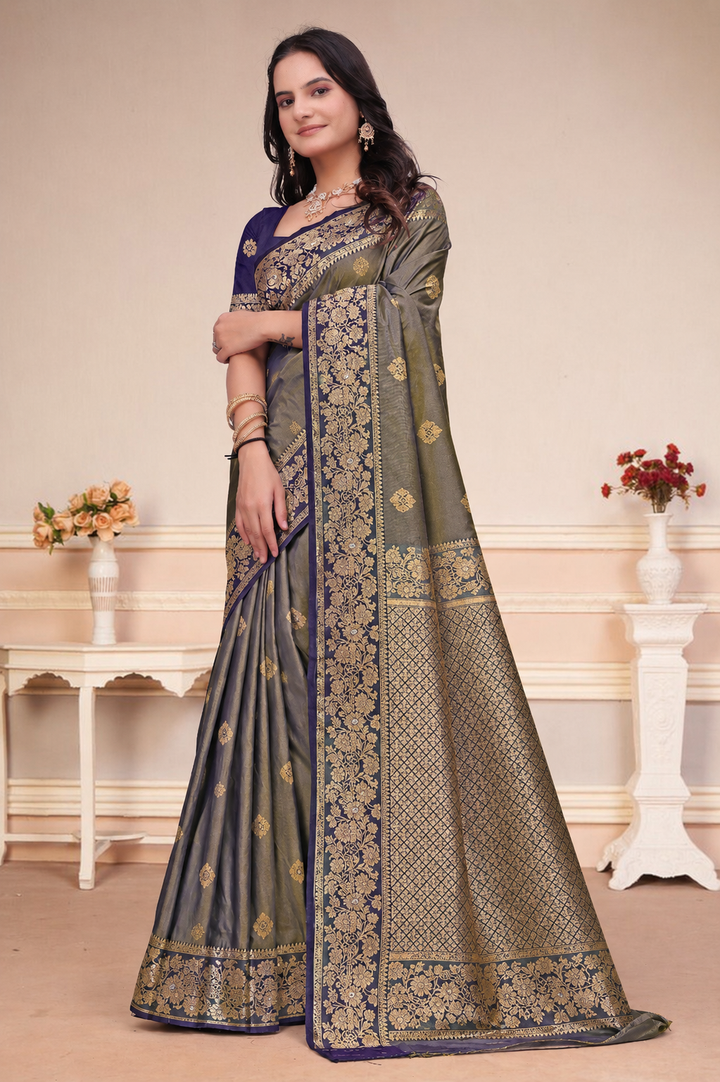 Olive Green and Purple Dual-Tone Silk Saree