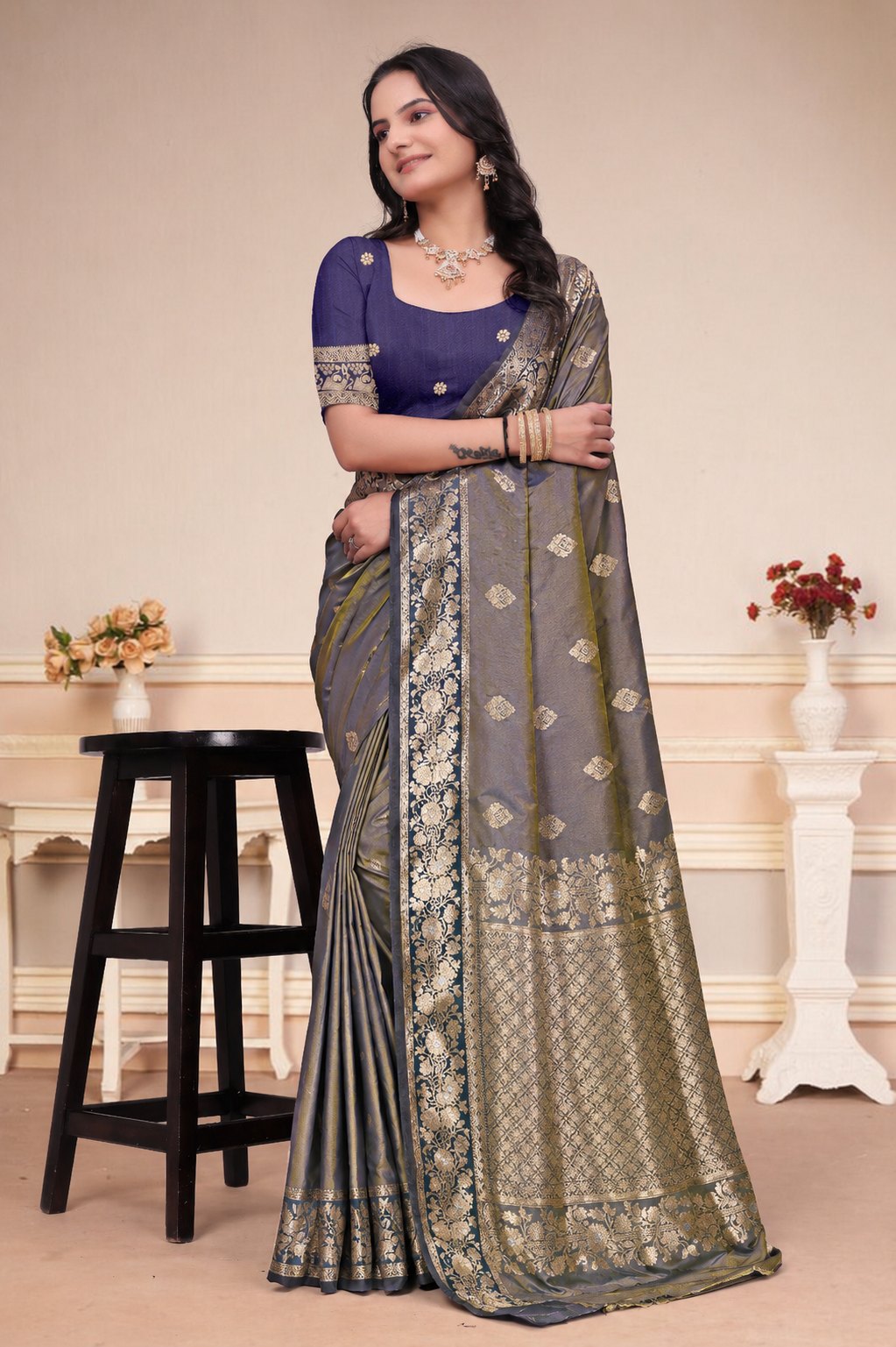 Olive Green and Purple Dual-Tone Silk Saree