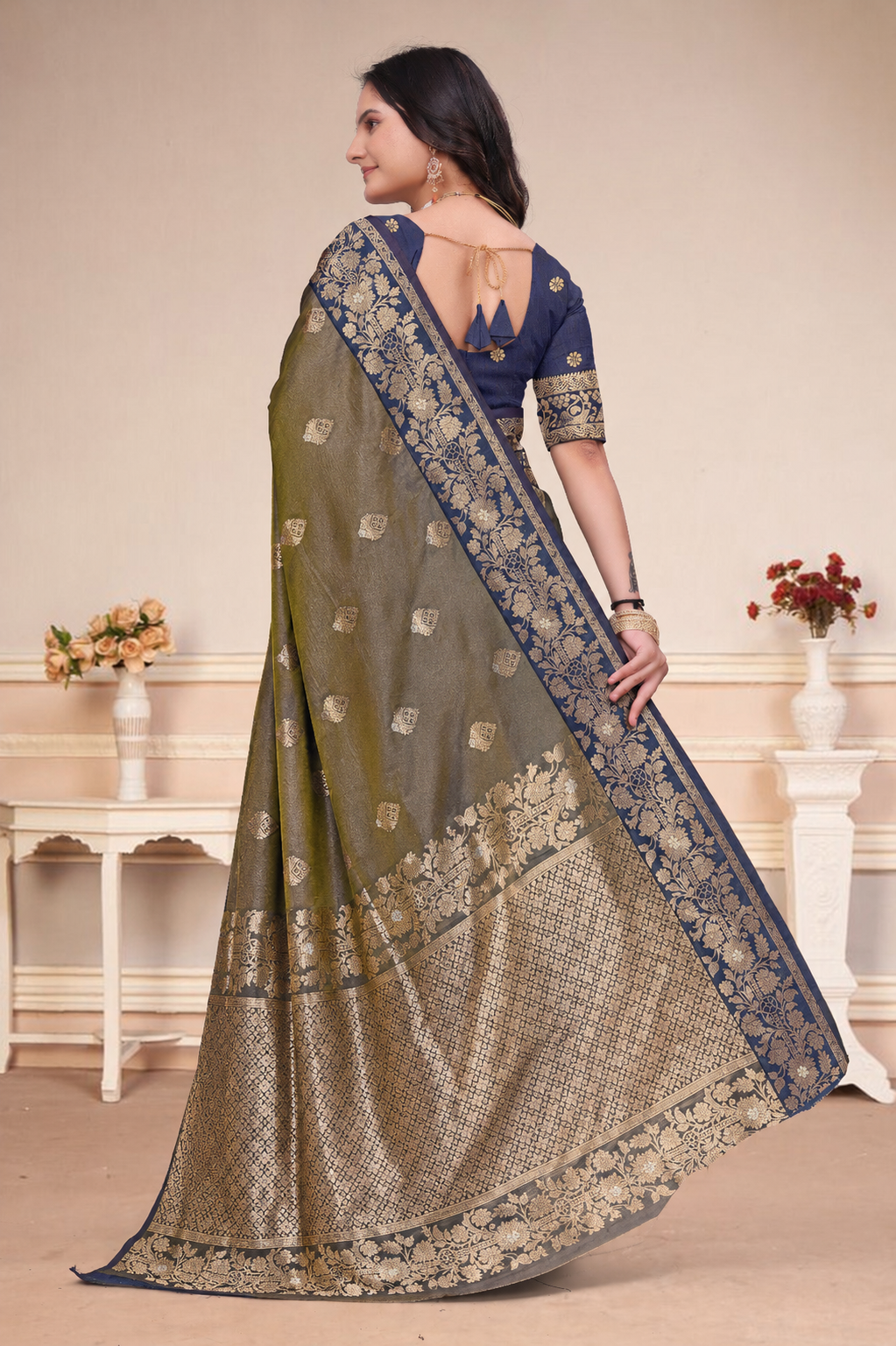 Olive Green and Purple Dual-Tone Silk Saree